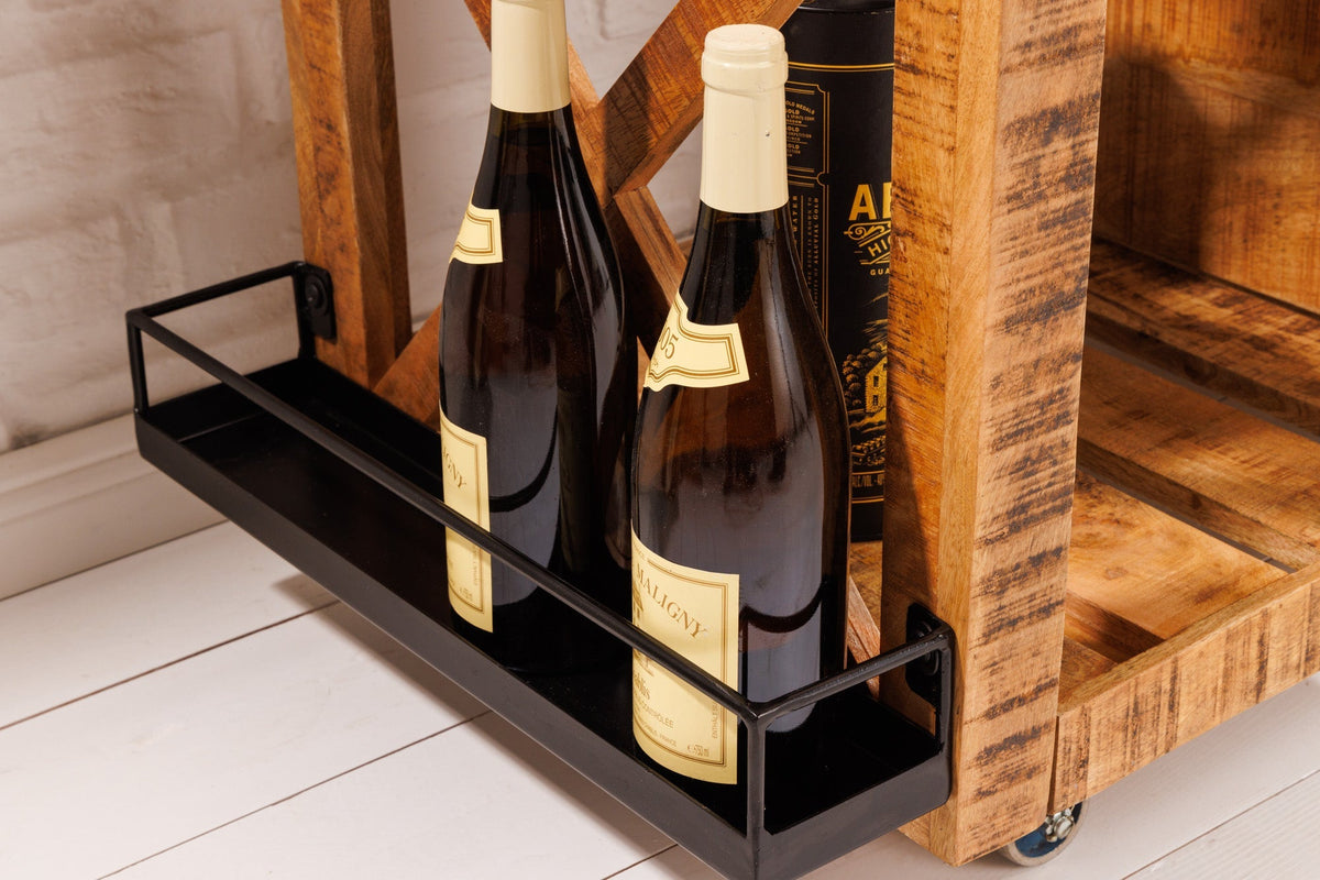 Meuble bar industriel BODEGA Chariot de service en manguier 86cm avec casier à bouteilles et suspension