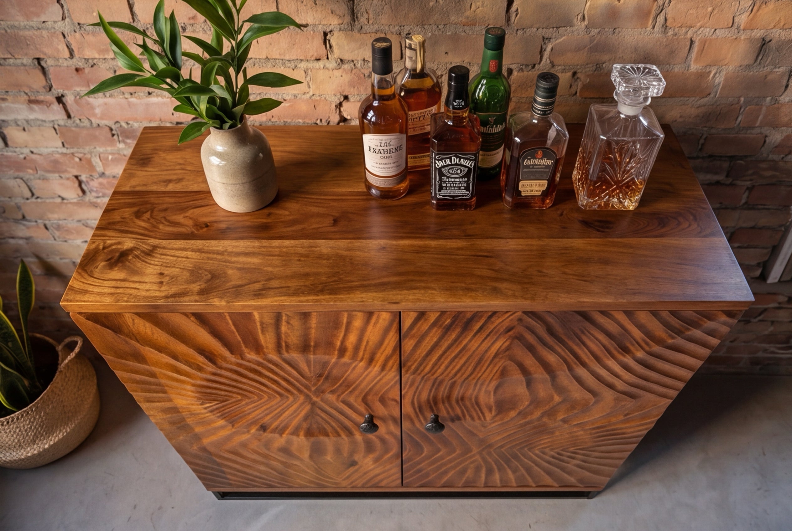 Meuble bar massif SCORPION 141cm en bois de manguier marron avec sculptures 3D élaborées
