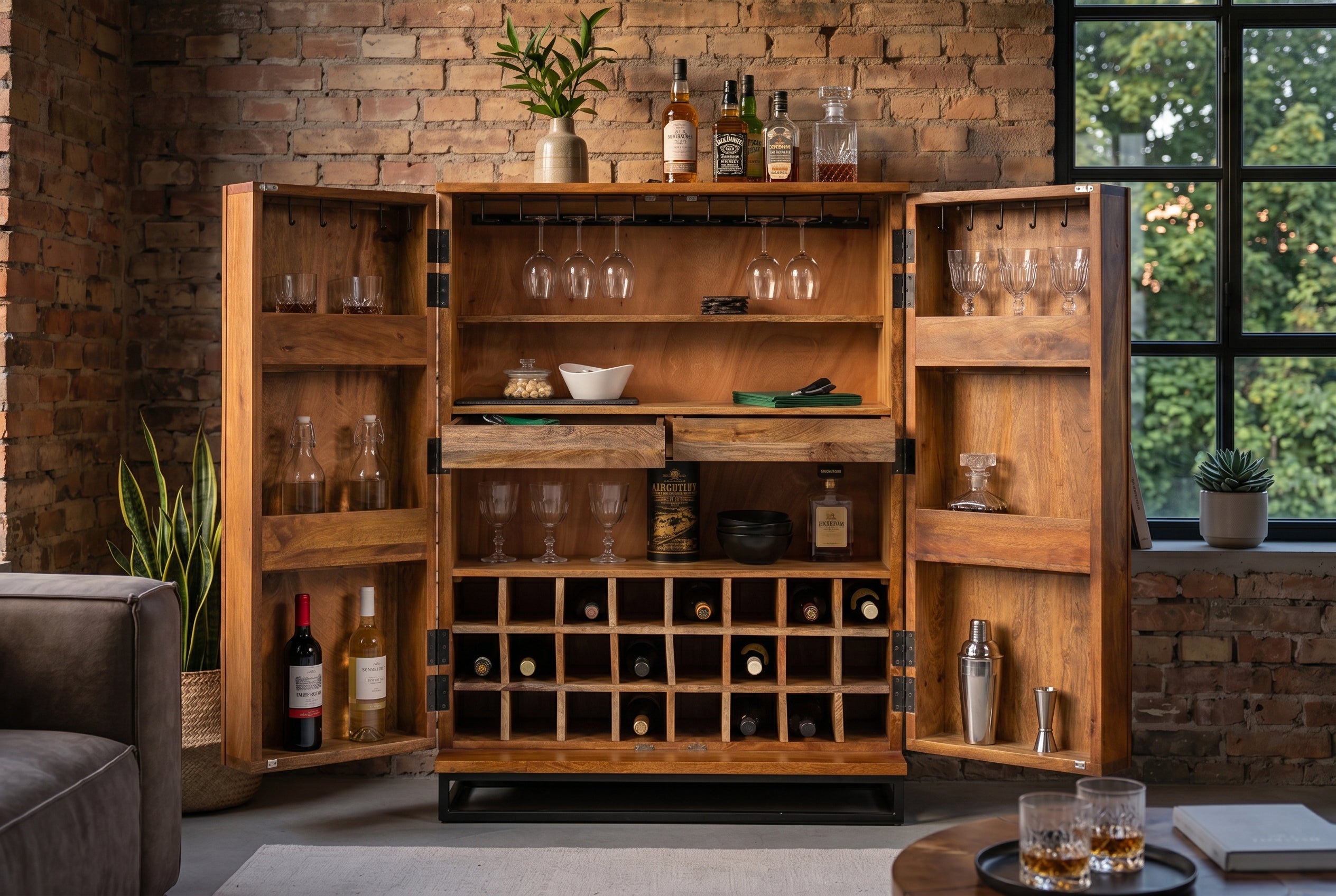 Meuble bar massif SCORPION 141cm en bois de manguier marron avec sculptures 3D élaborées