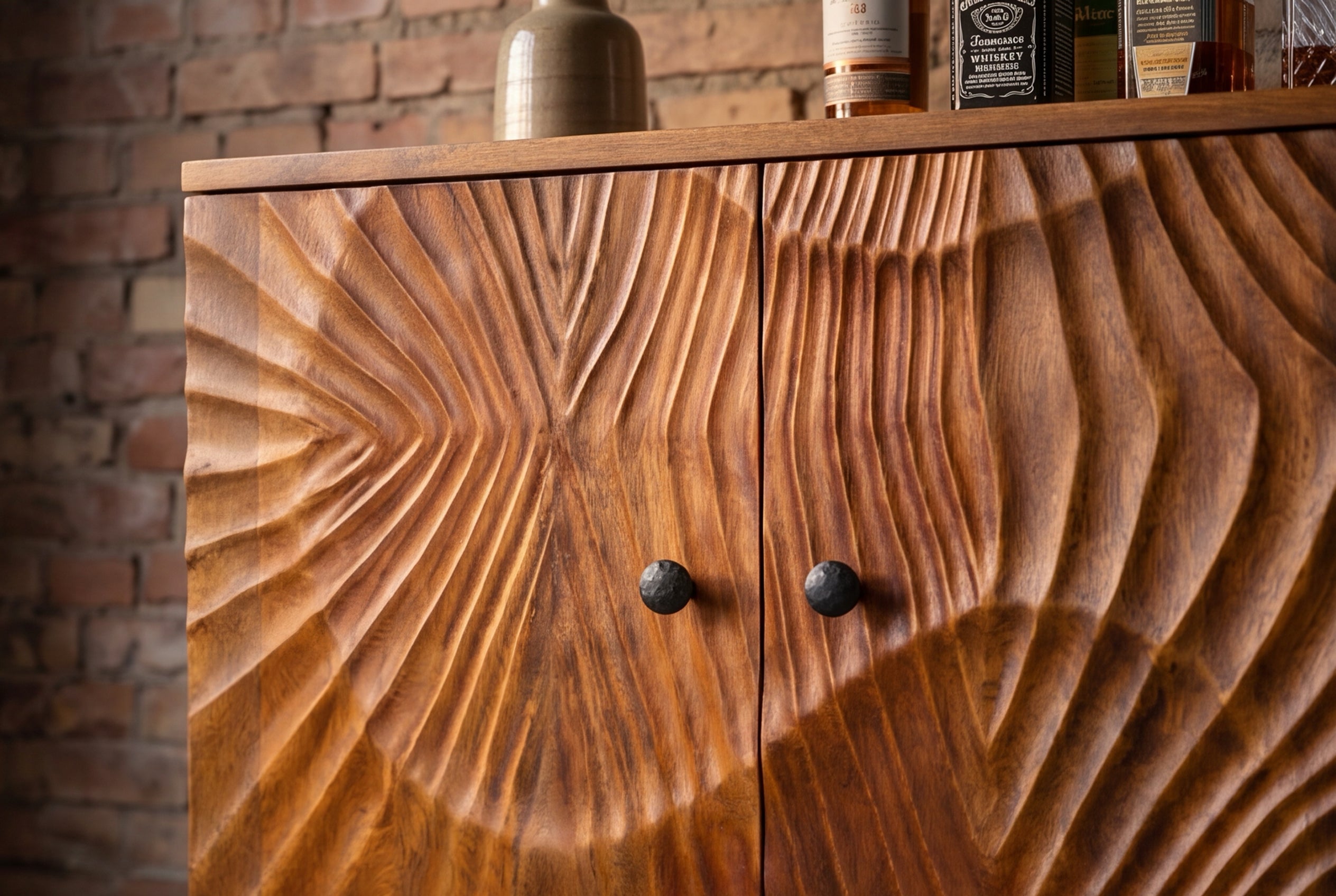 Meuble bar massif SCORPION 141cm en bois de manguier marron avec sculptures 3D élaborées