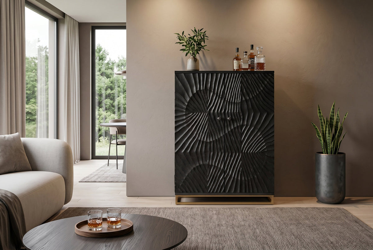 Meuble bar massif SCORPION 141cm en manguier noir avec sculptures 3D