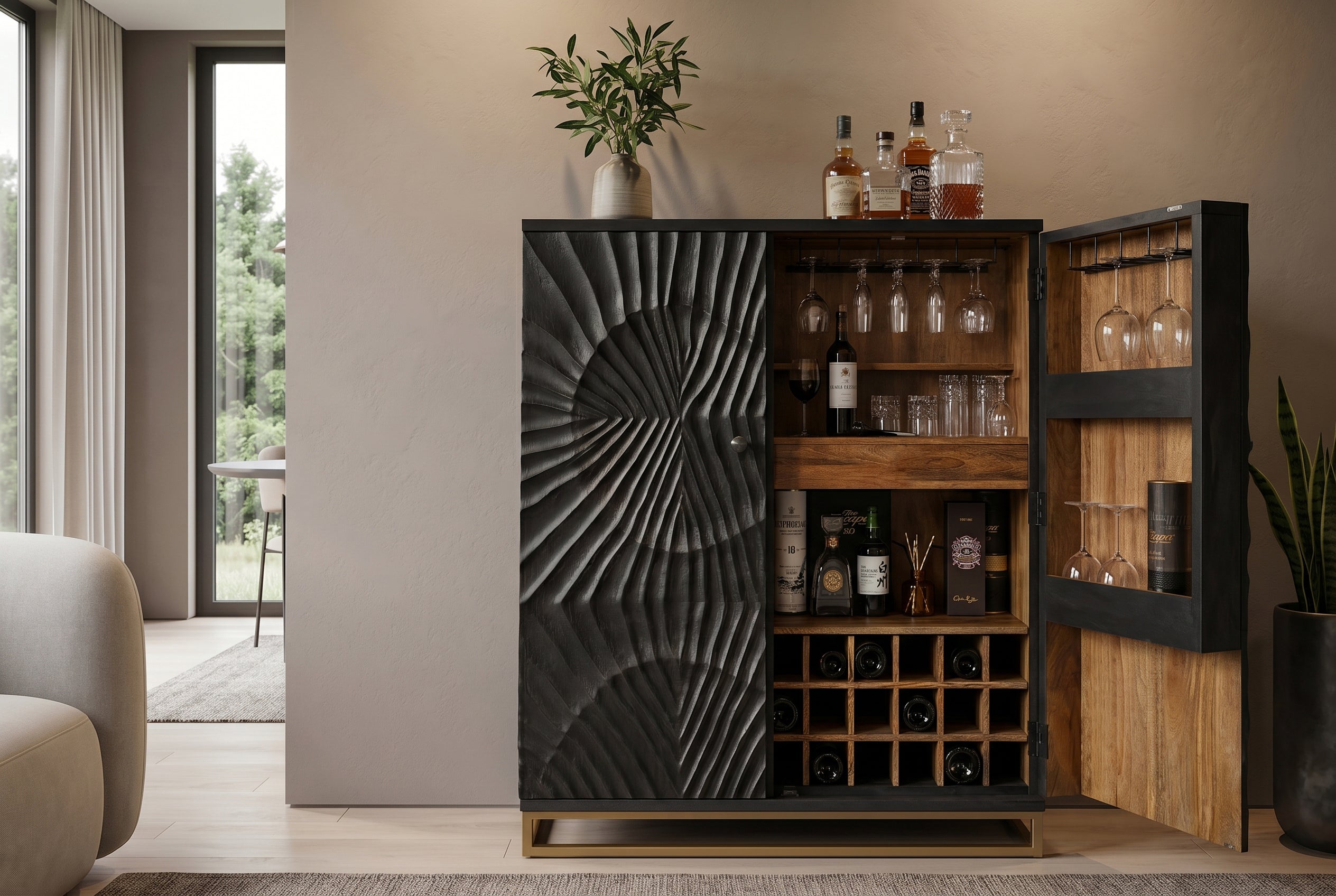 Meuble bar massif SCORPION 141cm en manguier noir avec sculptures 3D