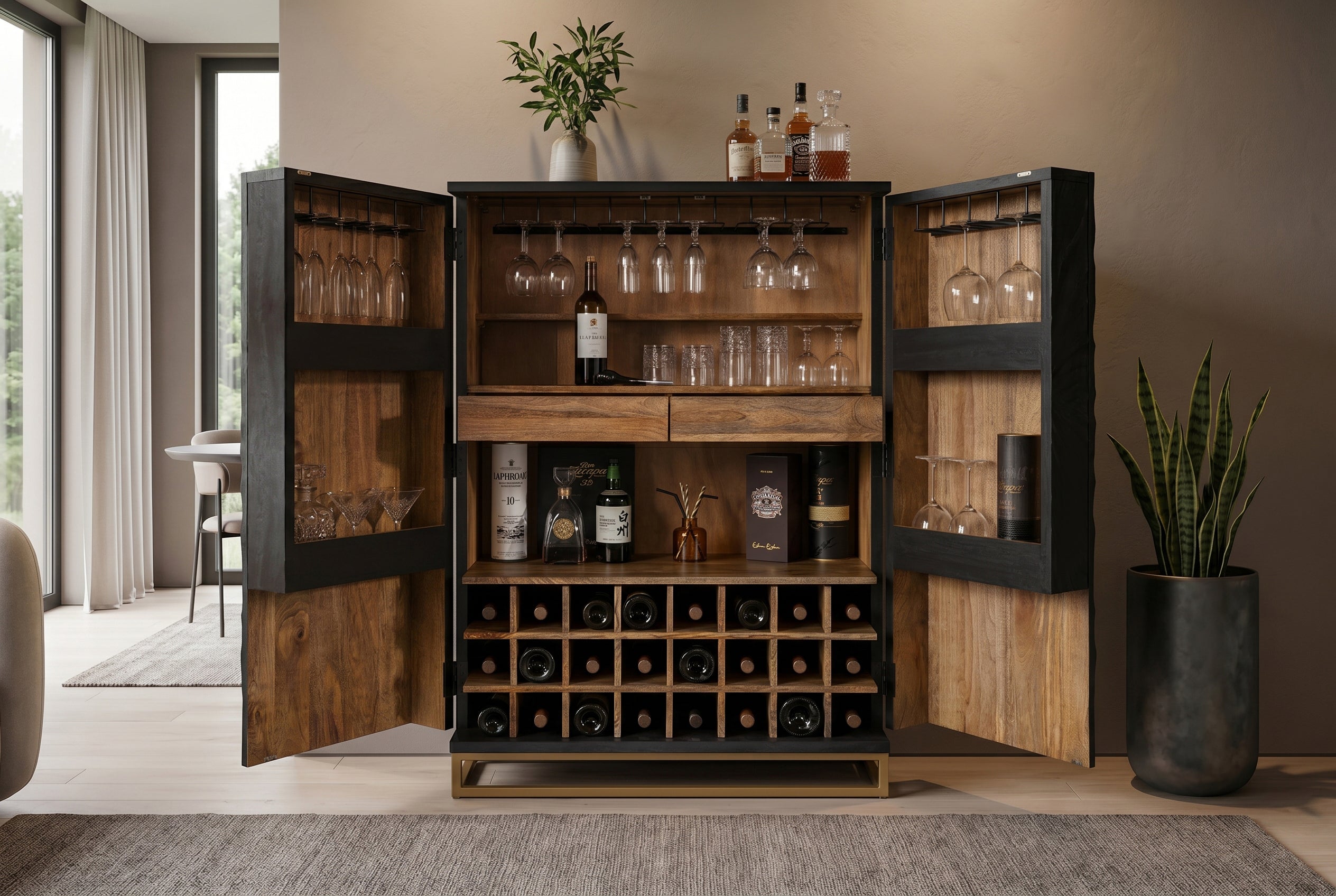 Meuble bar massif SCORPION 141cm en manguier noir avec sculptures 3D