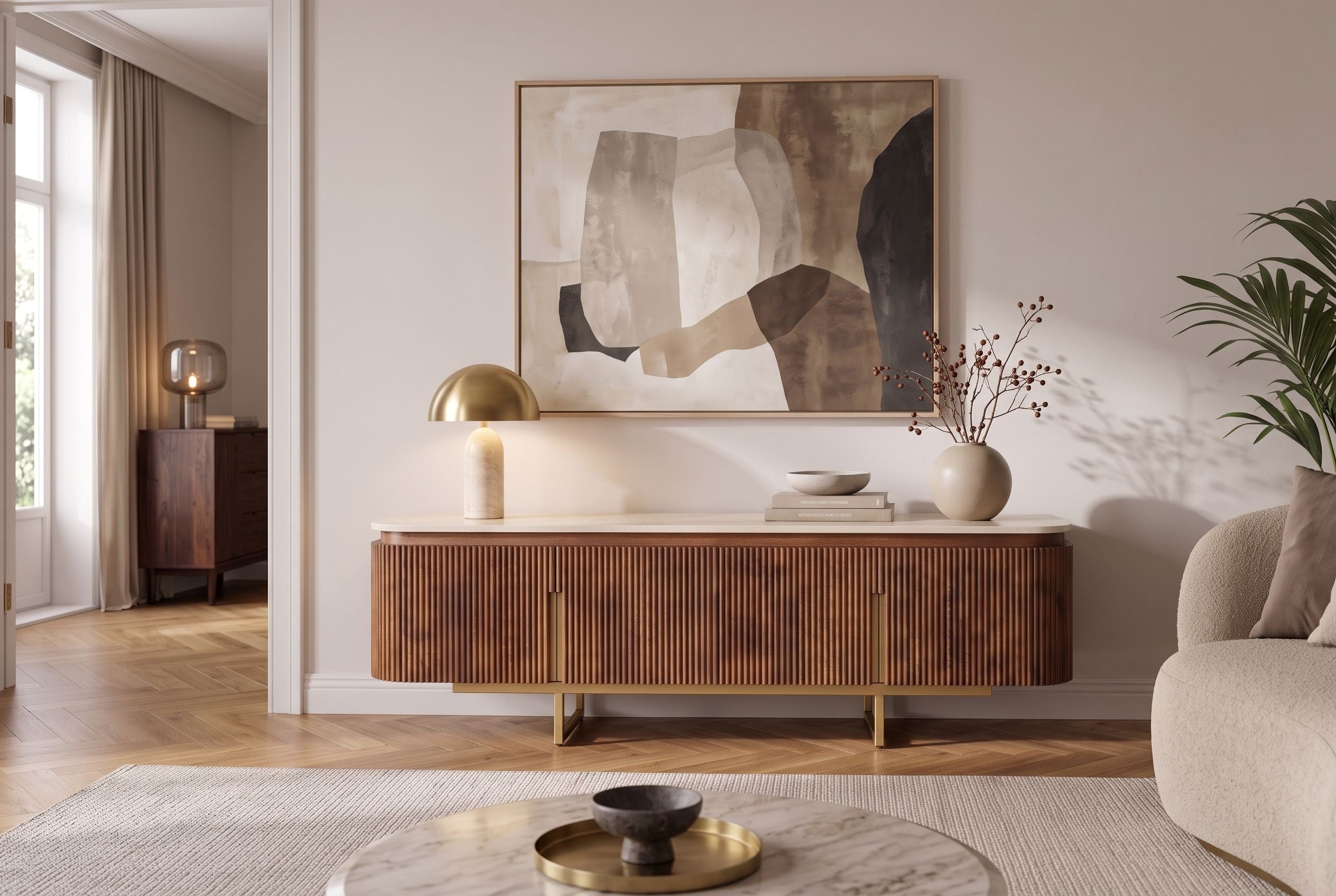 Meuble TV design GATSBY 160cm en bois de manguier marron doré avec structure en métal travertin