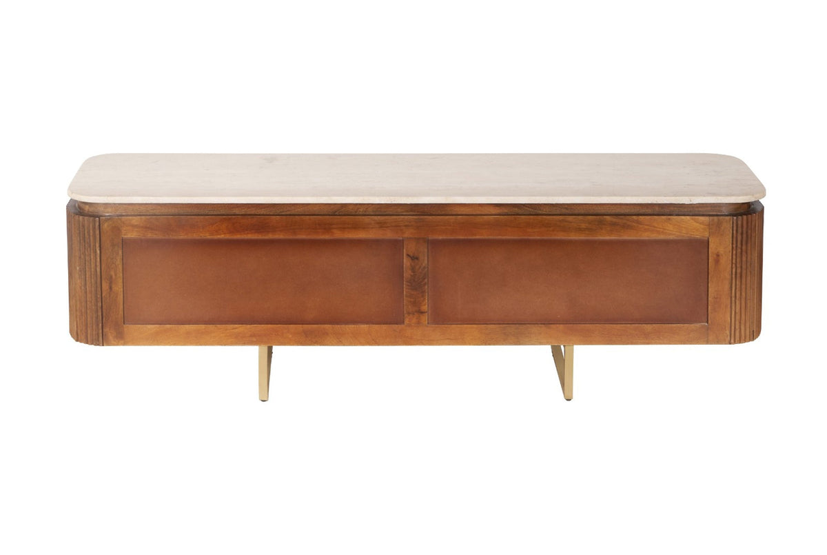 Meuble TV design GATSBY 160cm en bois de manguier marron doré avec structure en métal travertin