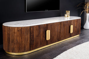 Meuble TV design GATSBY 170cm marron doré manguier dessus marbre blanc