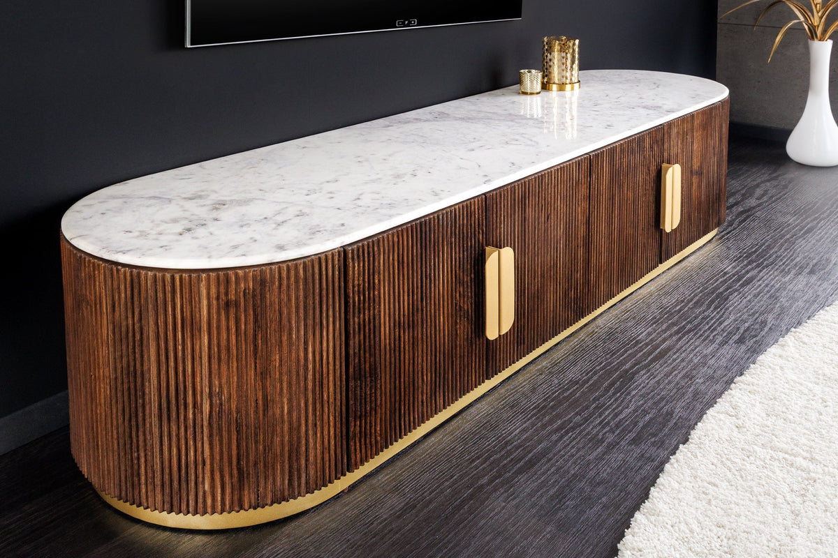 Meuble TV design GATSBY 170cm marron doré manguier dessus marbre blanc