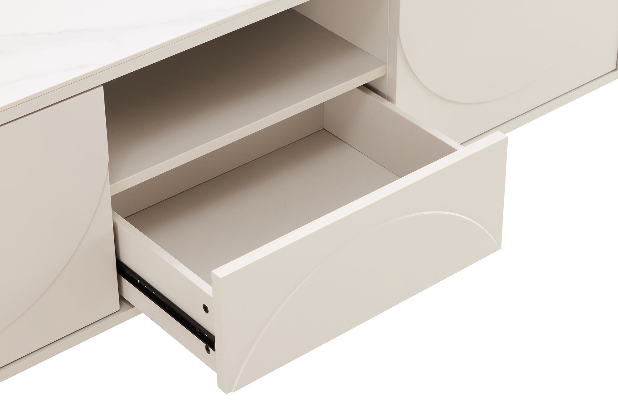 Meuble TV design SAVOY 150cm cachemire marbre blanc céramique avec rangements et façade 3D
