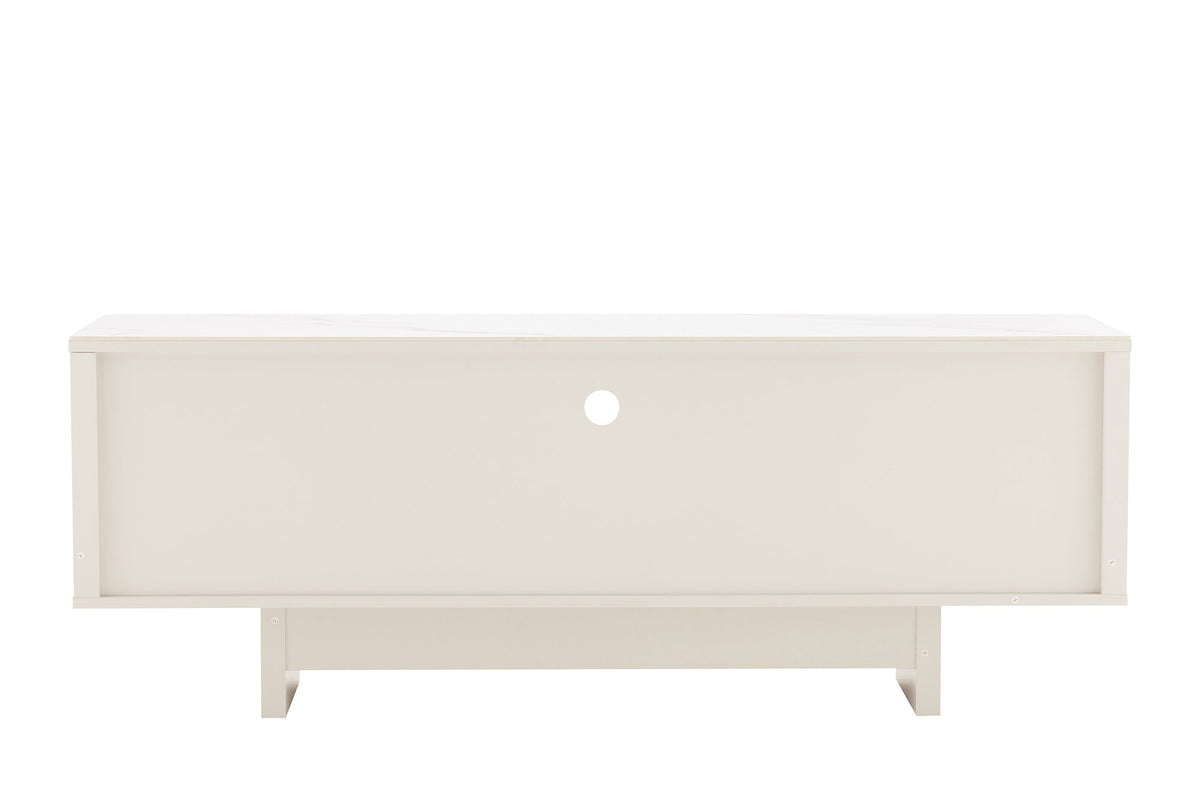 Meuble TV design SAVOY 150cm cachemire marbre blanc céramique avec rangements et façade 3D
