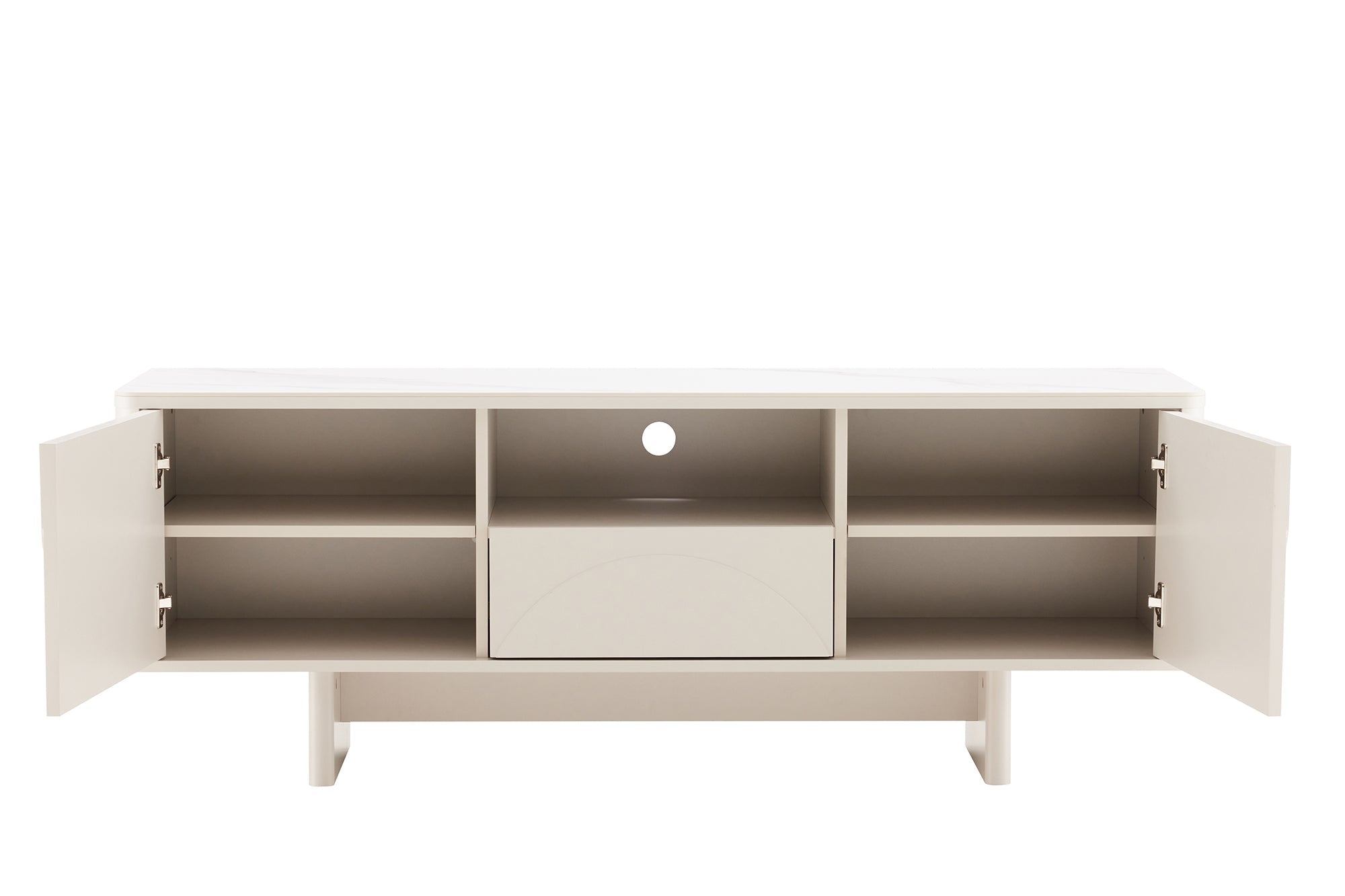 Meuble TV design SAVOY 150cm cachemire marbre blanc céramique avec rangements et façade 3D