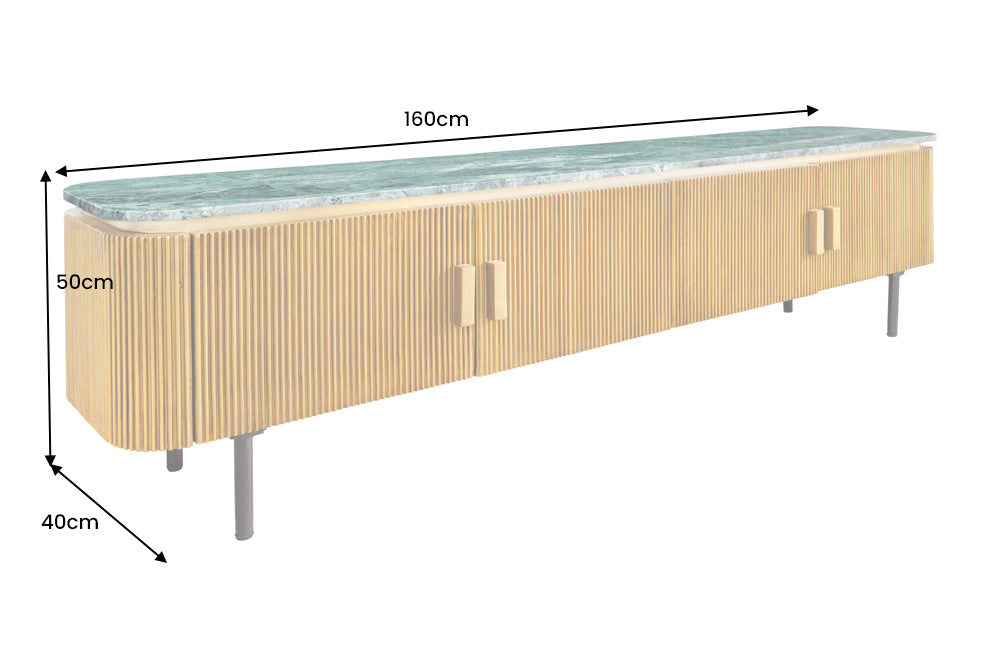 Meuble TV design VENEZIANO 160cm laiton dessus marbre vert manguier rétro