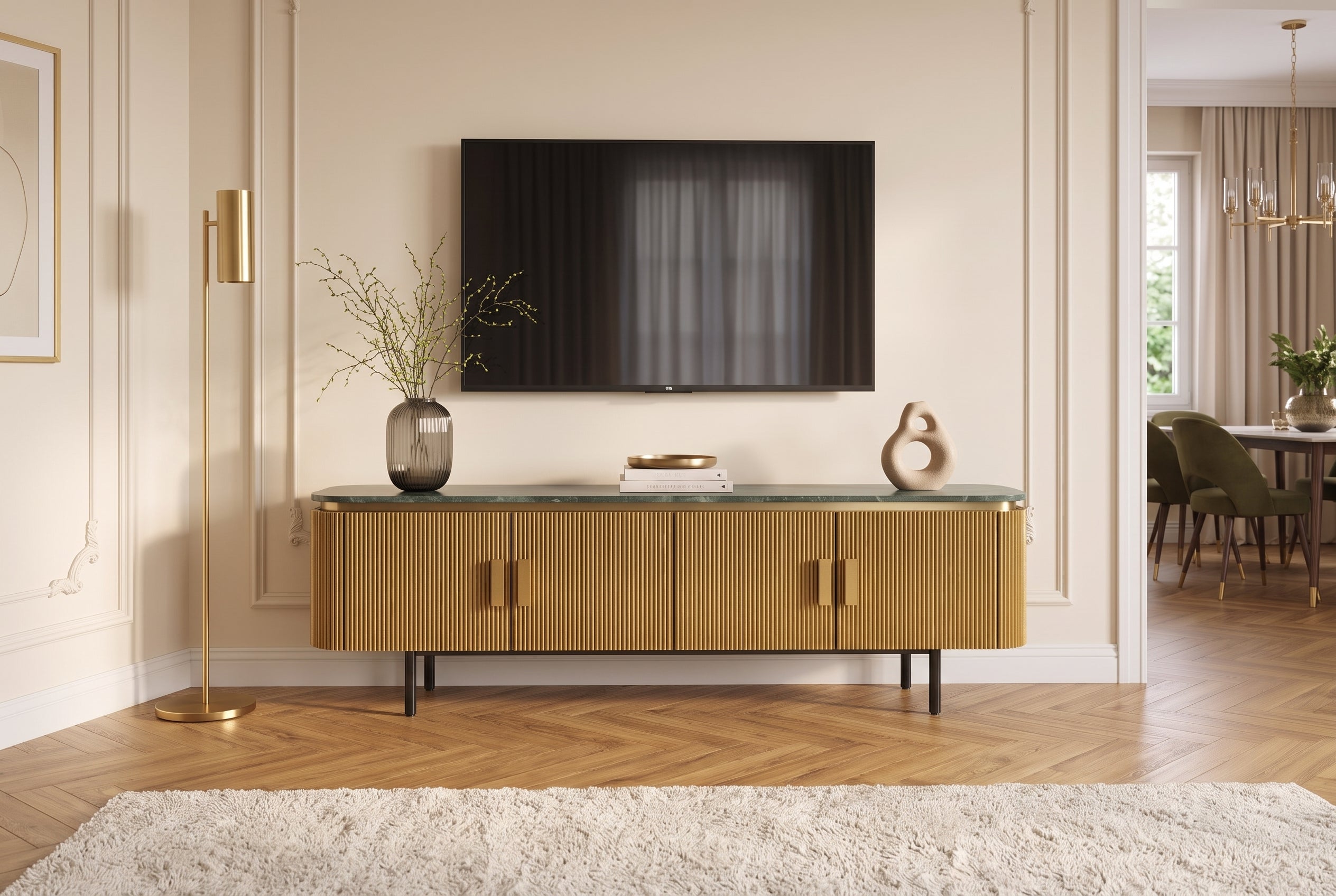 Meuble TV design VENEZIANO 160cm laiton dessus marbre vert manguier rétro