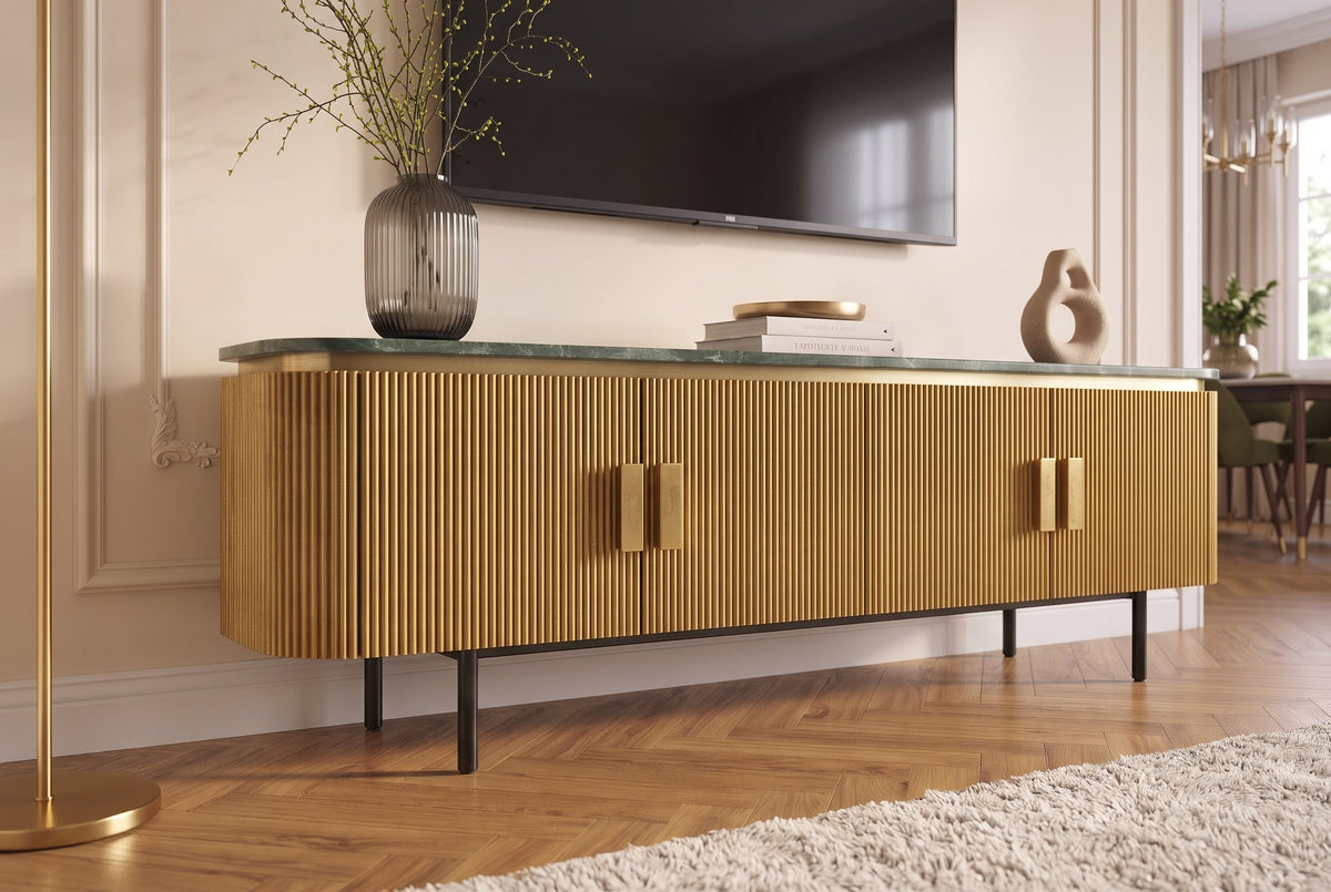 Meuble TV design VENEZIANO 160cm laiton dessus marbre vert manguier rétro