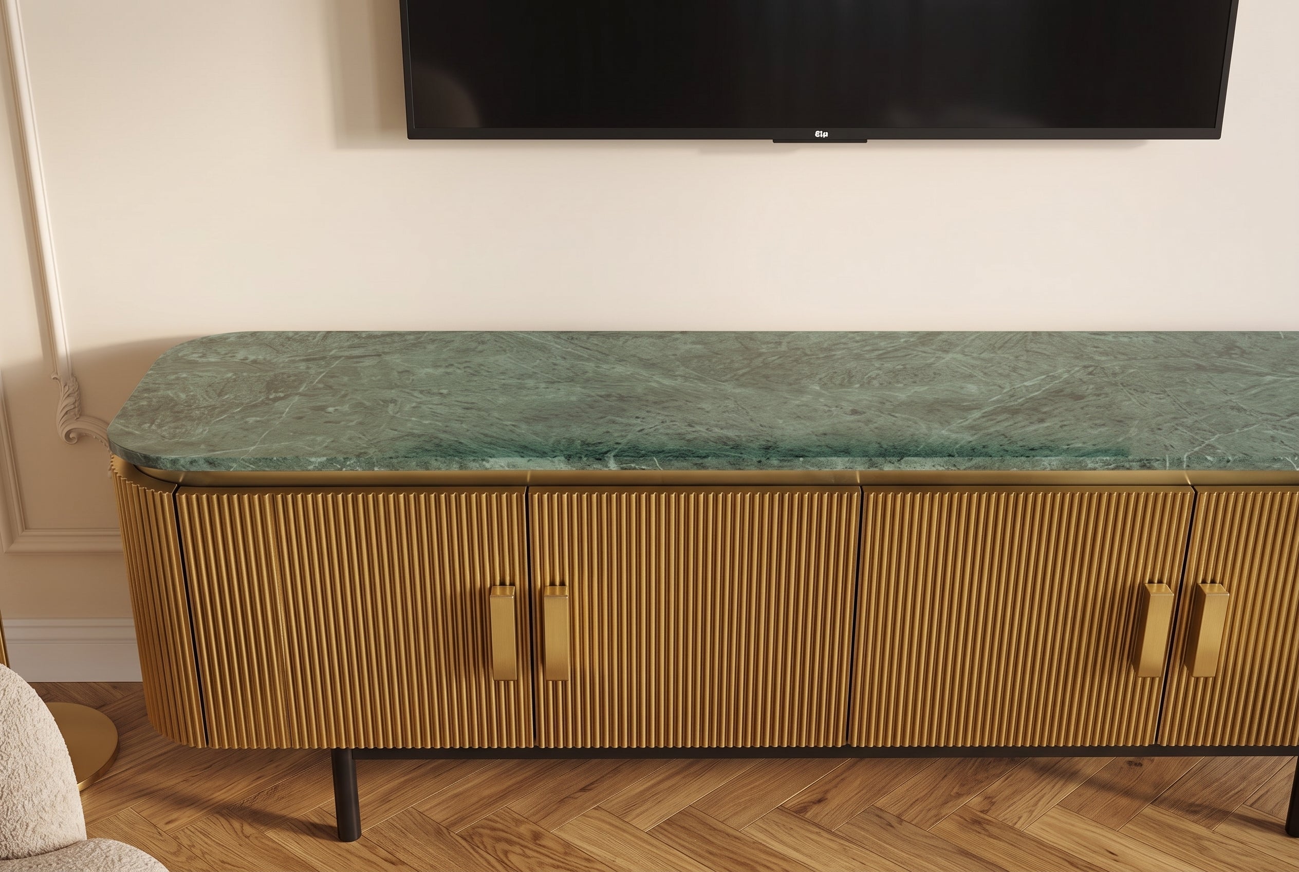 Meuble TV design VENEZIANO 160cm laiton dessus marbre vert manguier rétro