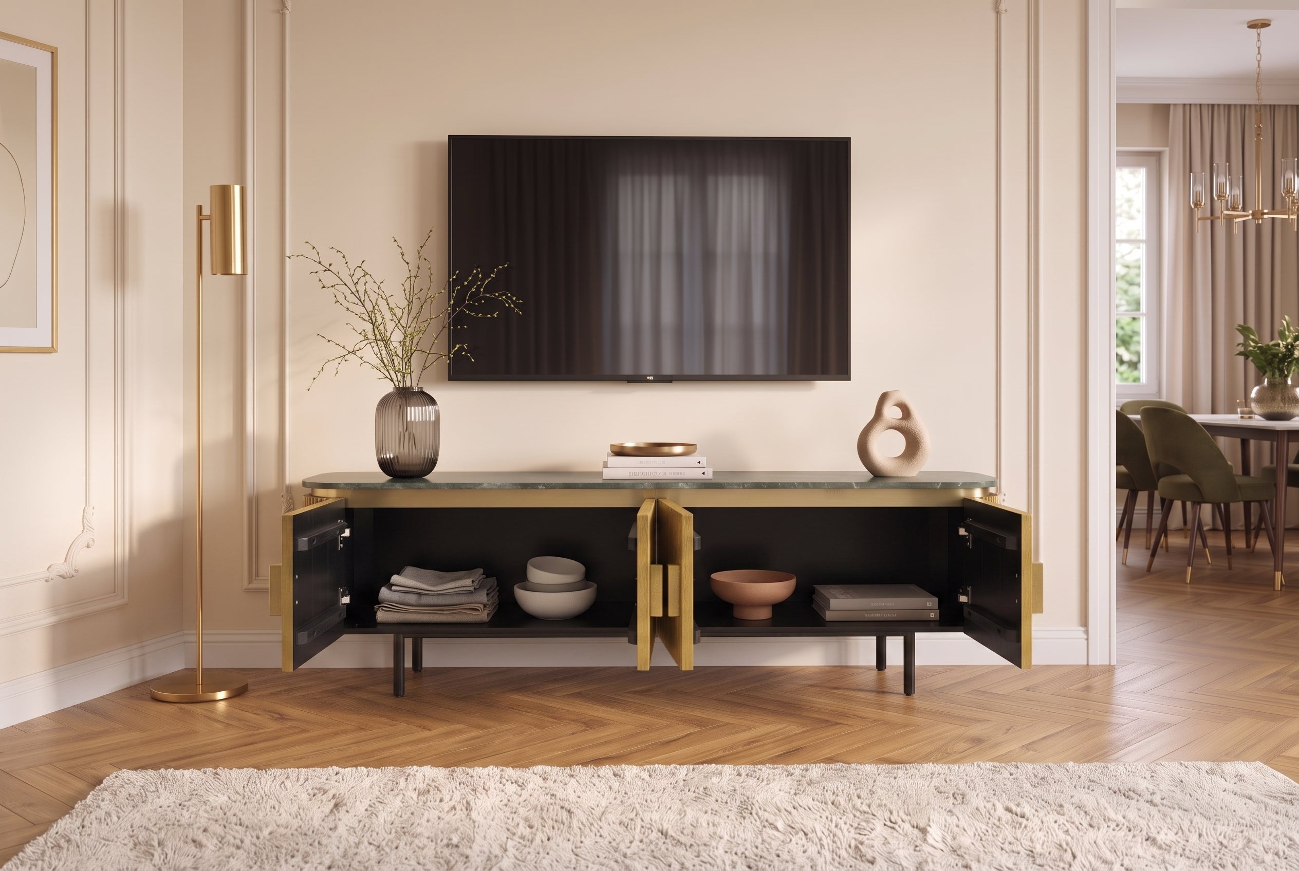 Meuble TV design VENEZIANO 160cm laiton dessus marbre vert manguier rétro