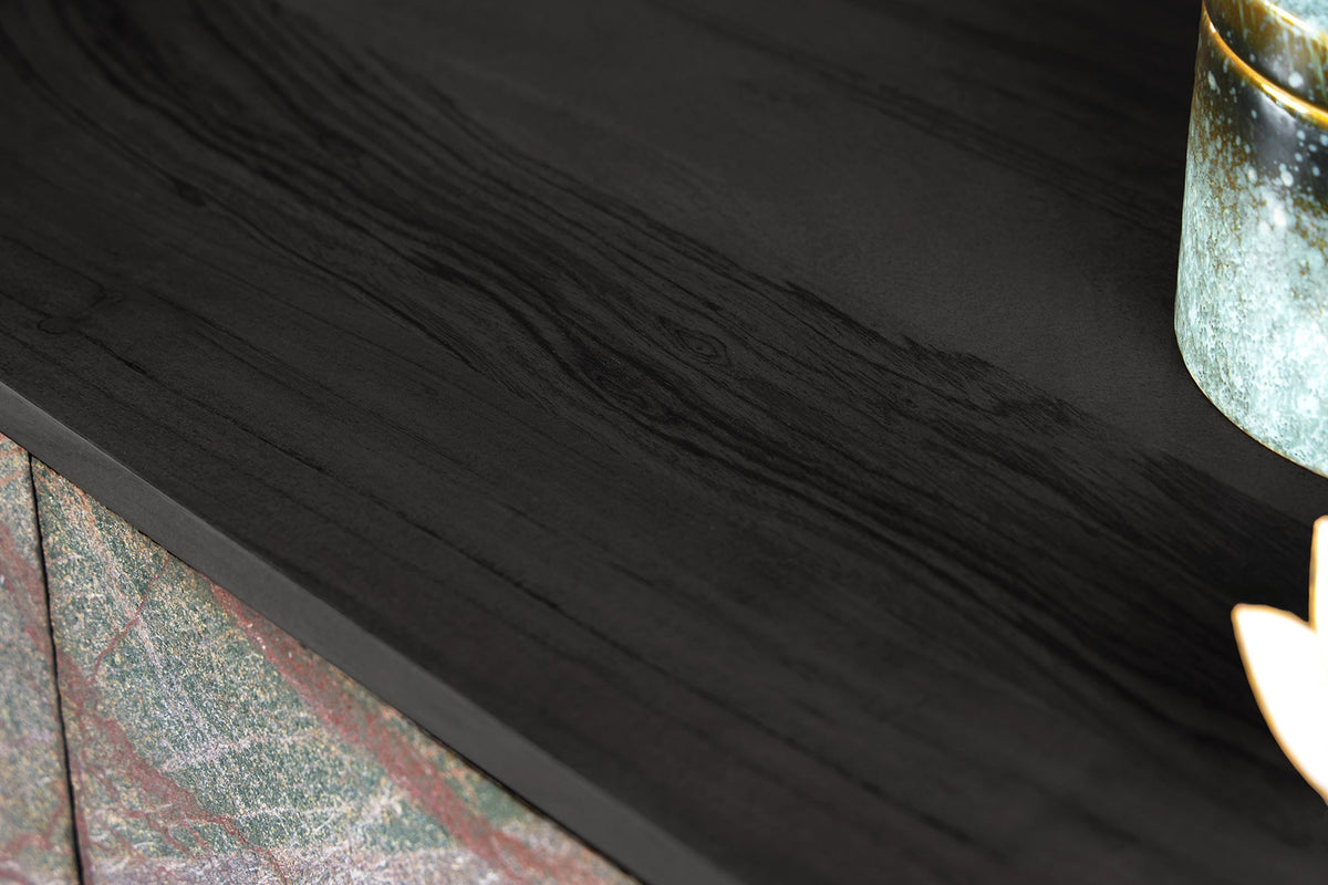 Meuble TV en bois massif MOUNTAIN SOUL 160cm noir suspendu véritable pierre naturelle d’acacia