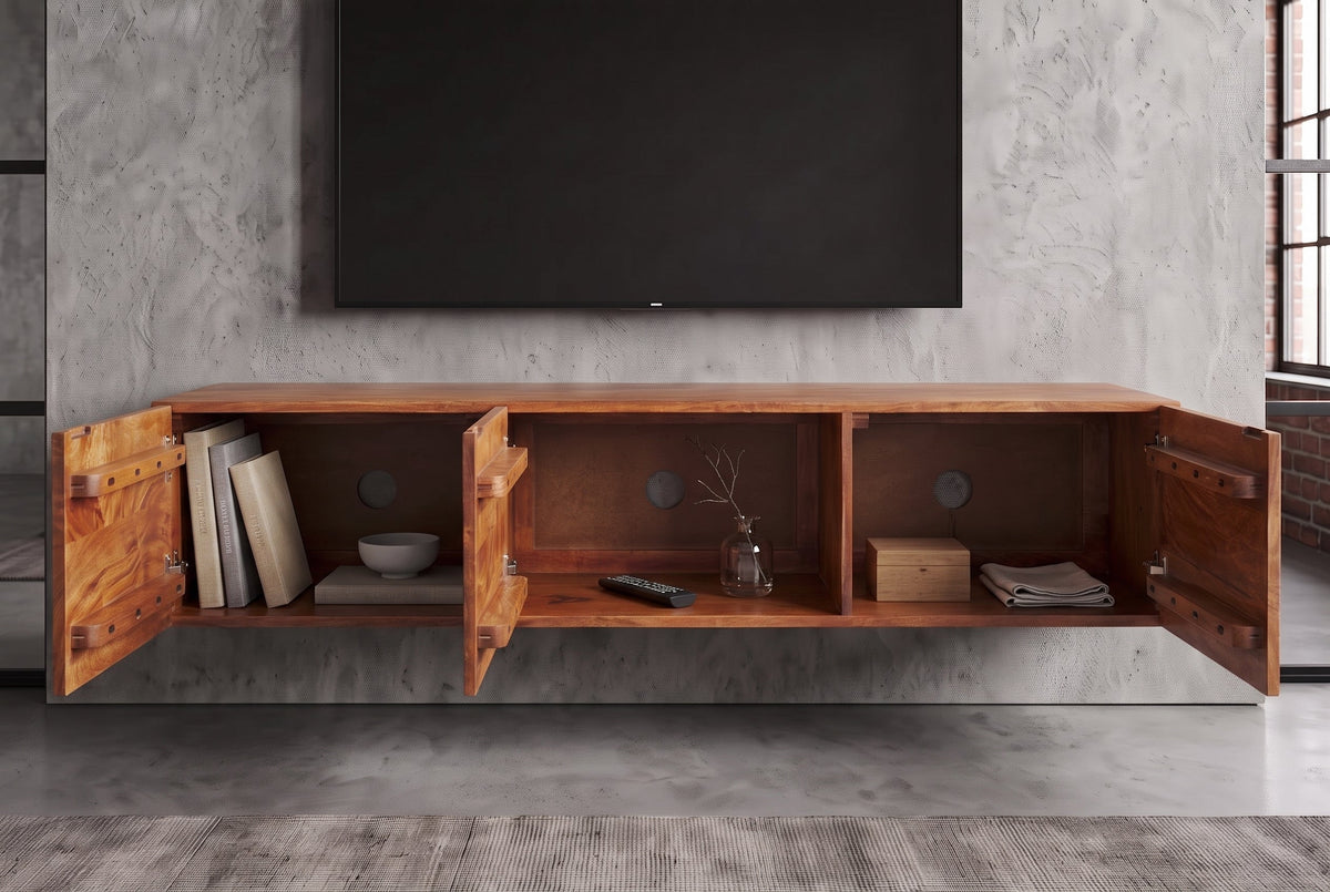 Meuble TV en bois massif VULCANO 160cm suspendu manguier naturel salon
