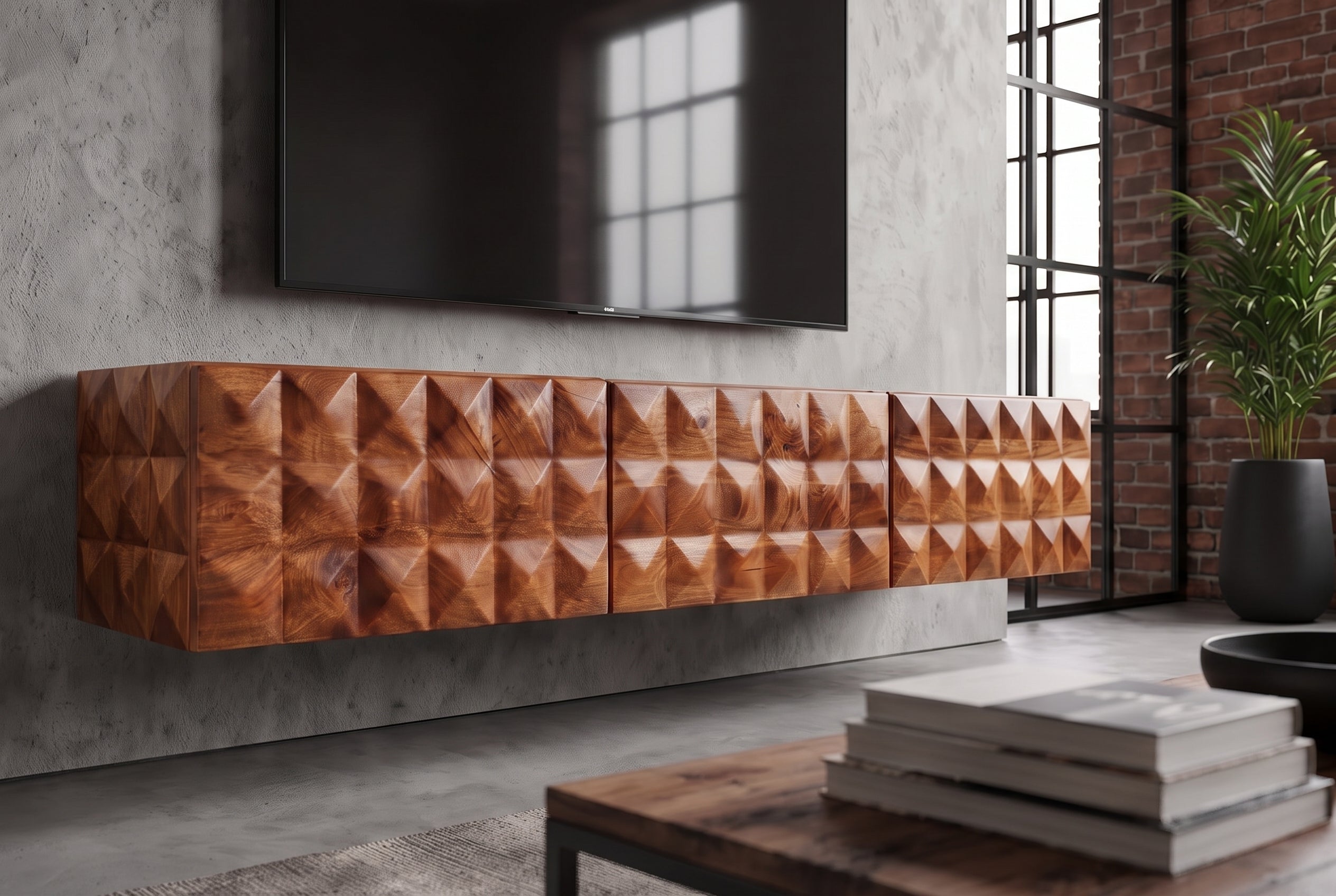 Meuble TV en bois massif VULCANO 160cm suspendu manguier naturel salon