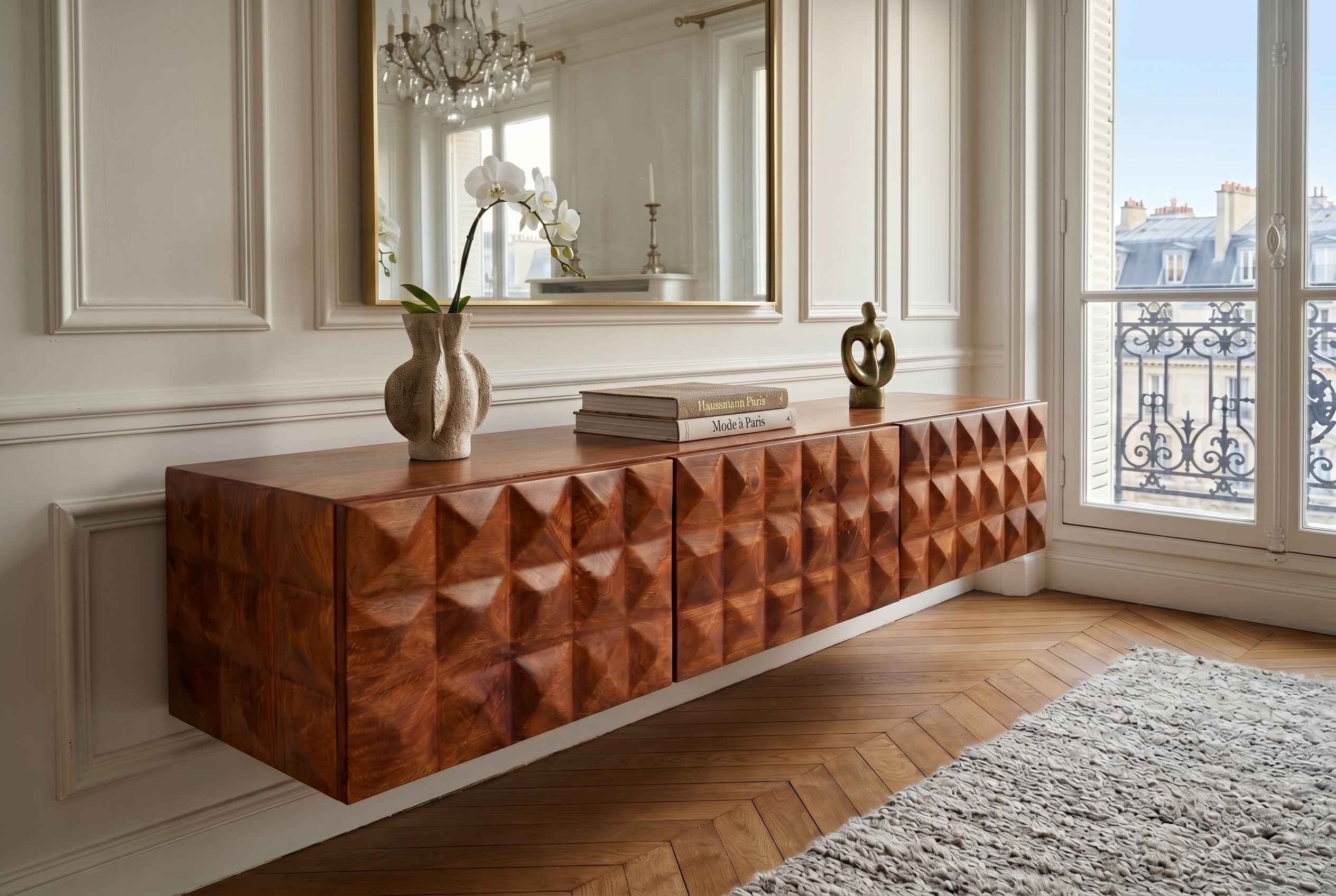 Meuble TV en bois massif VULCANO 160cm suspendu manguier naturel salon