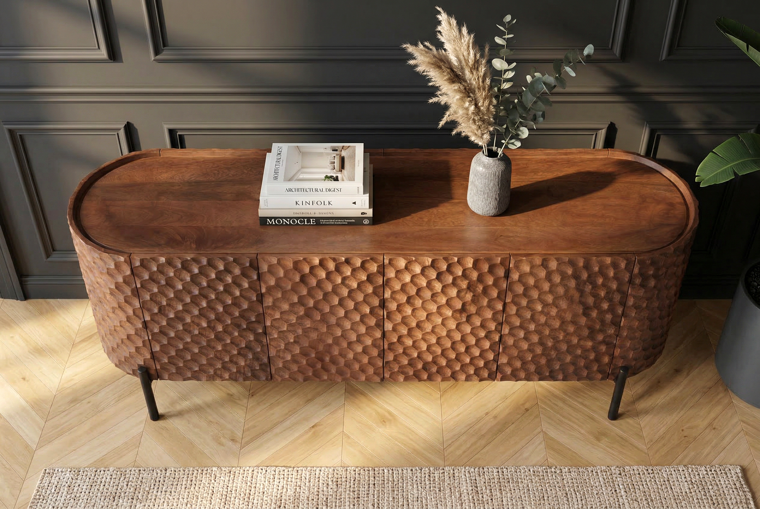 Meuble TV massif ADLON 160 cm en manguier marron métal noir avec façade 3D