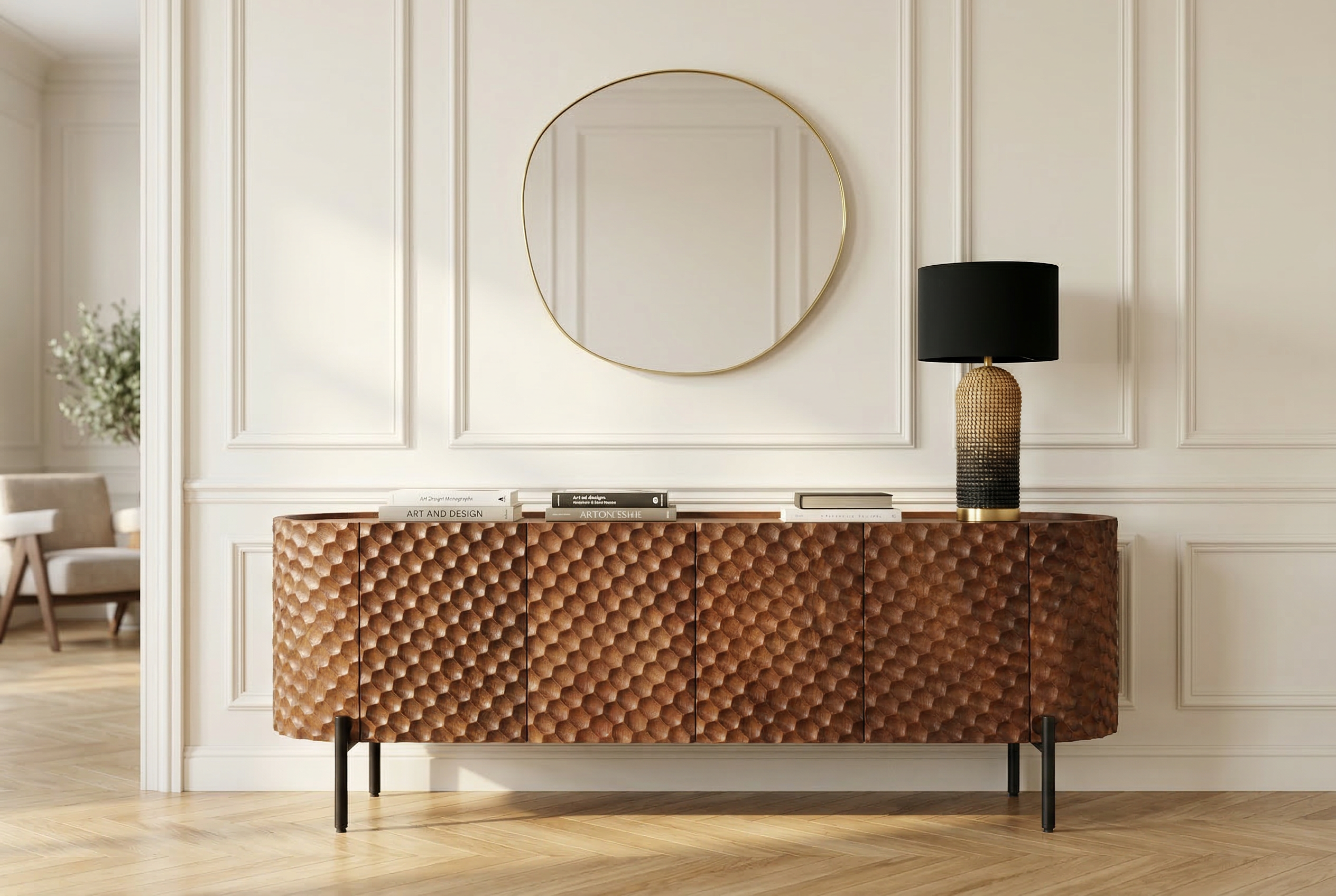 Meuble TV massif ADLON 160 cm en manguier marron métal noir avec façade 3D