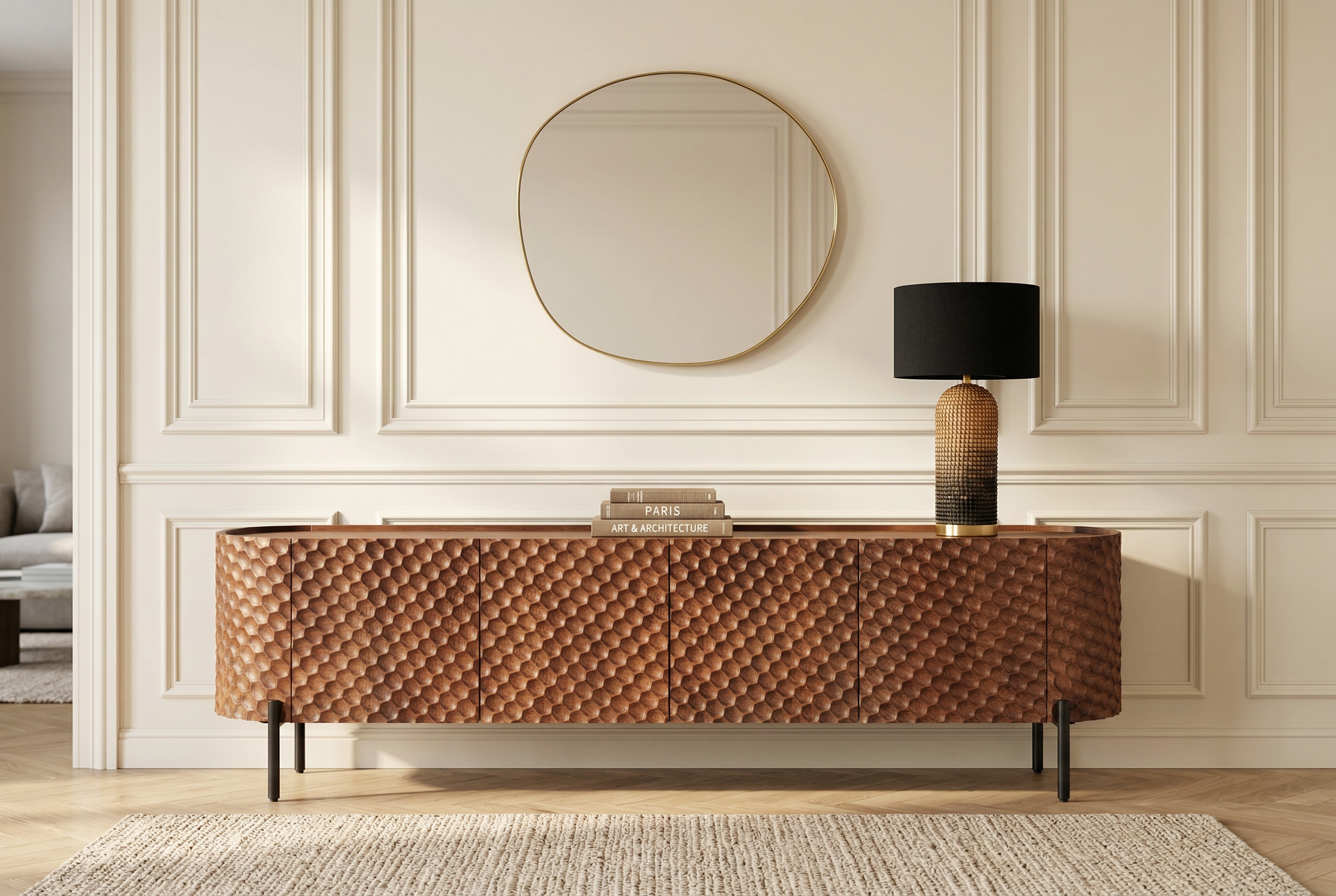 Meuble TV massif ADLON 200cm bois de manguier marron meuble bas métal noir avec façade 3D