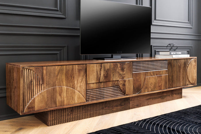 Meuble TV massif ART DECO 200cm meuble bas en manguier marron façade 3D