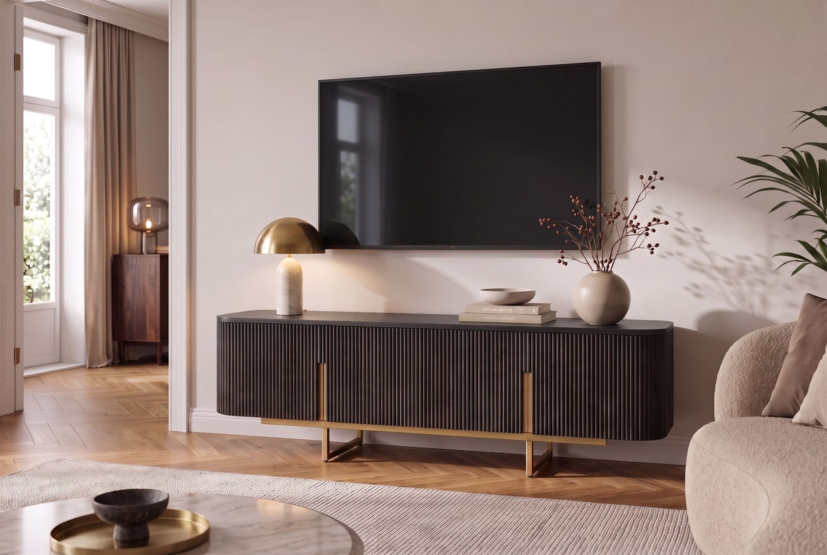 Meuble TV massif GATSBY 160cm meuble bas rétro en manguier noir doré