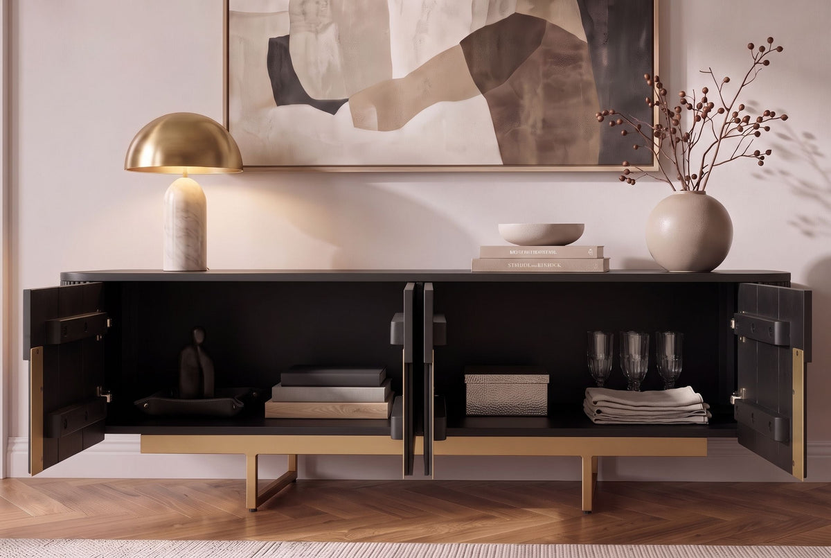 Meuble TV massif GATSBY 160cm meuble bas rétro en manguier noir doré