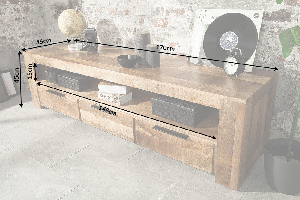 Meuble TV massif IRON CRAFT 170cm meuble bas en manguier 3 tiroirs