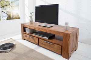 Meuble TV massif MAKASSAR 130cm marron finition pierre Sheesham lowboard deux tiroirs