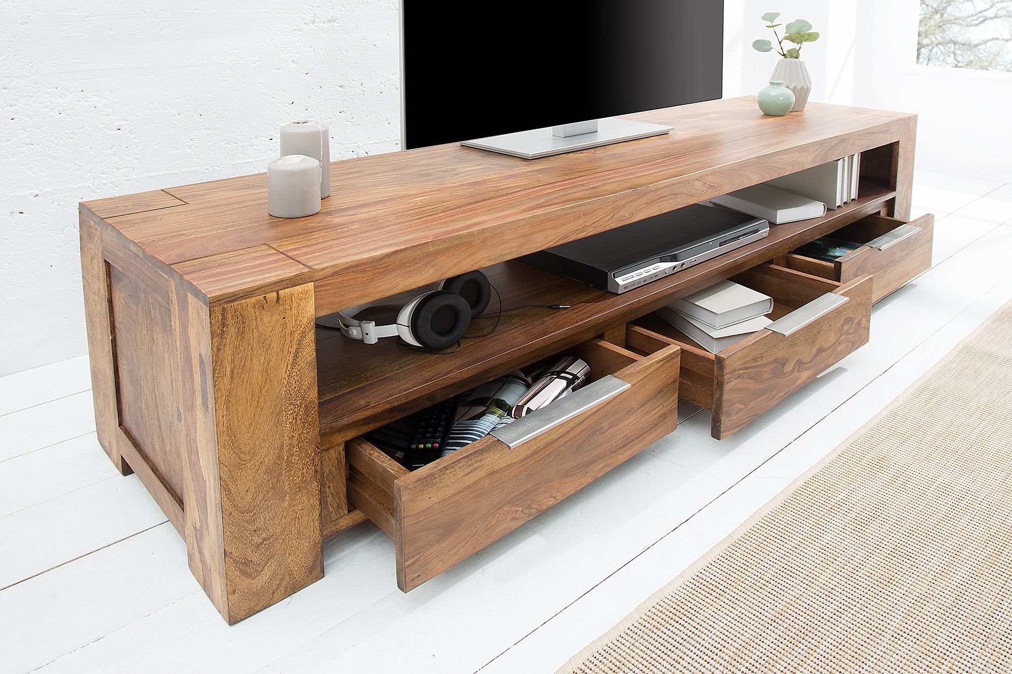 Meuble TV massif MAKASSAR 170cm marron finition pierre Sheesham lowboard trois tiroirs