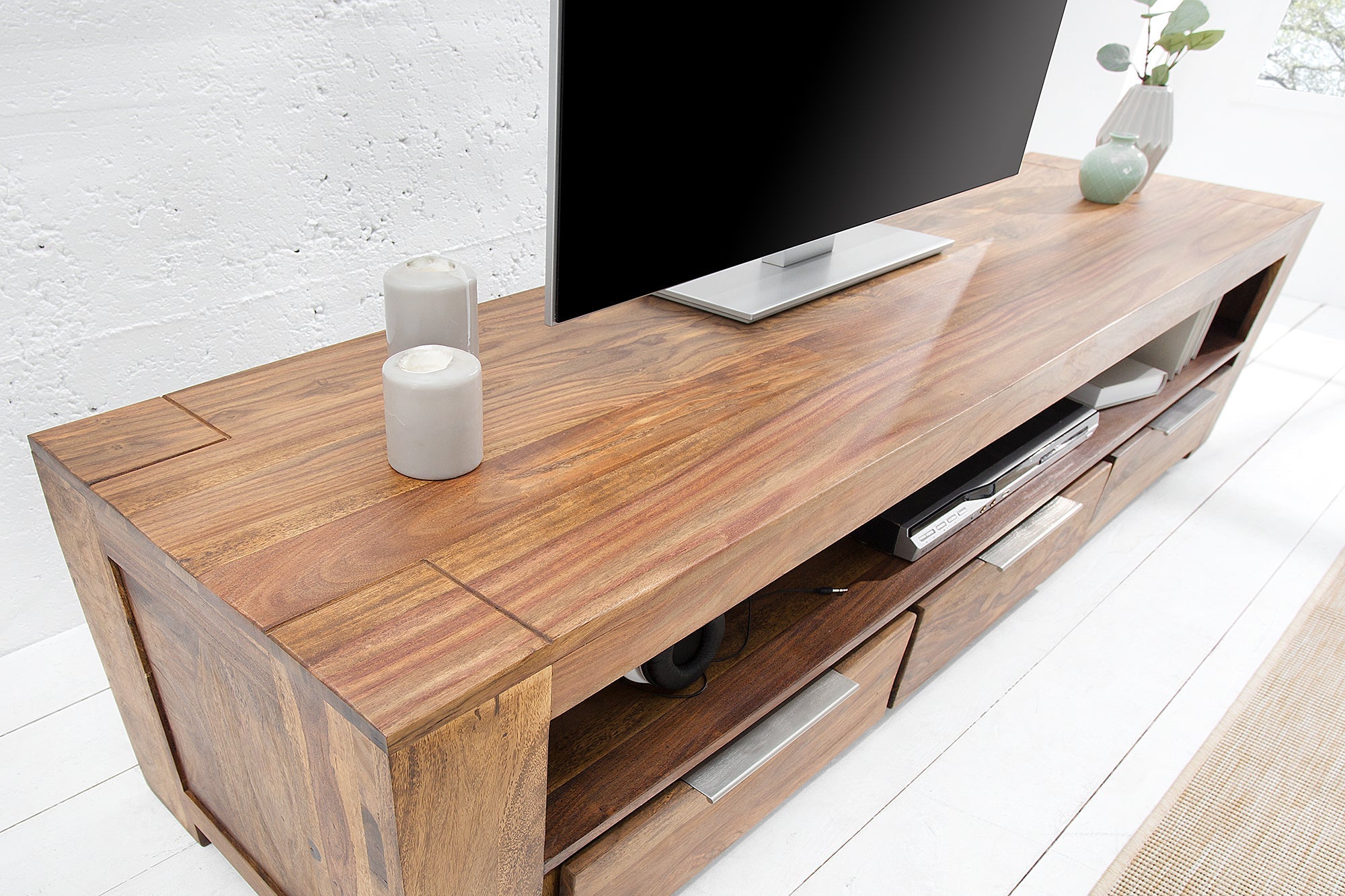 Meuble TV massif MAKASSAR 170cm marron finition pierre Sheesham lowboard trois tiroirs