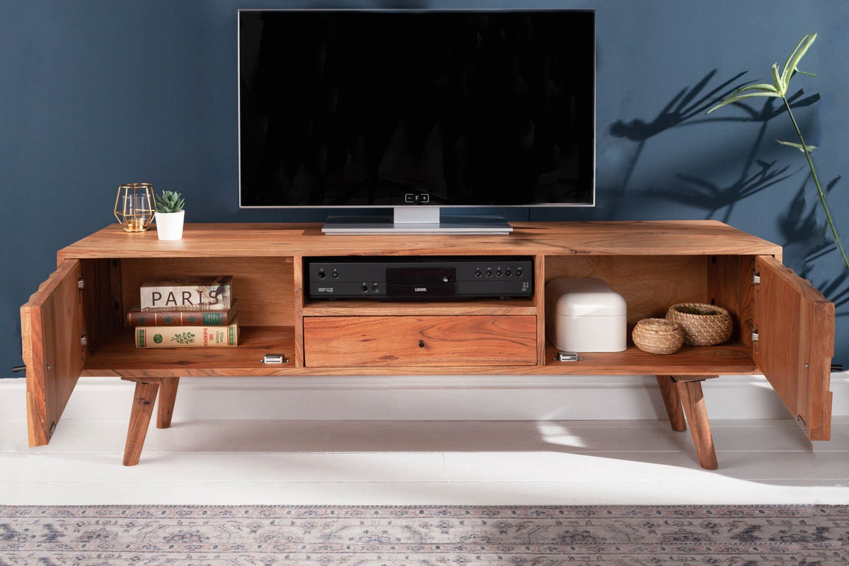Meuble TV massif MYSTIC LIVING 140cm acacia naturel surface 3D bois massif