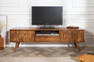 Meuble TV massif MYSTIC LIVING 140cm bois massif Sheesham marron finition pierre façade 3D