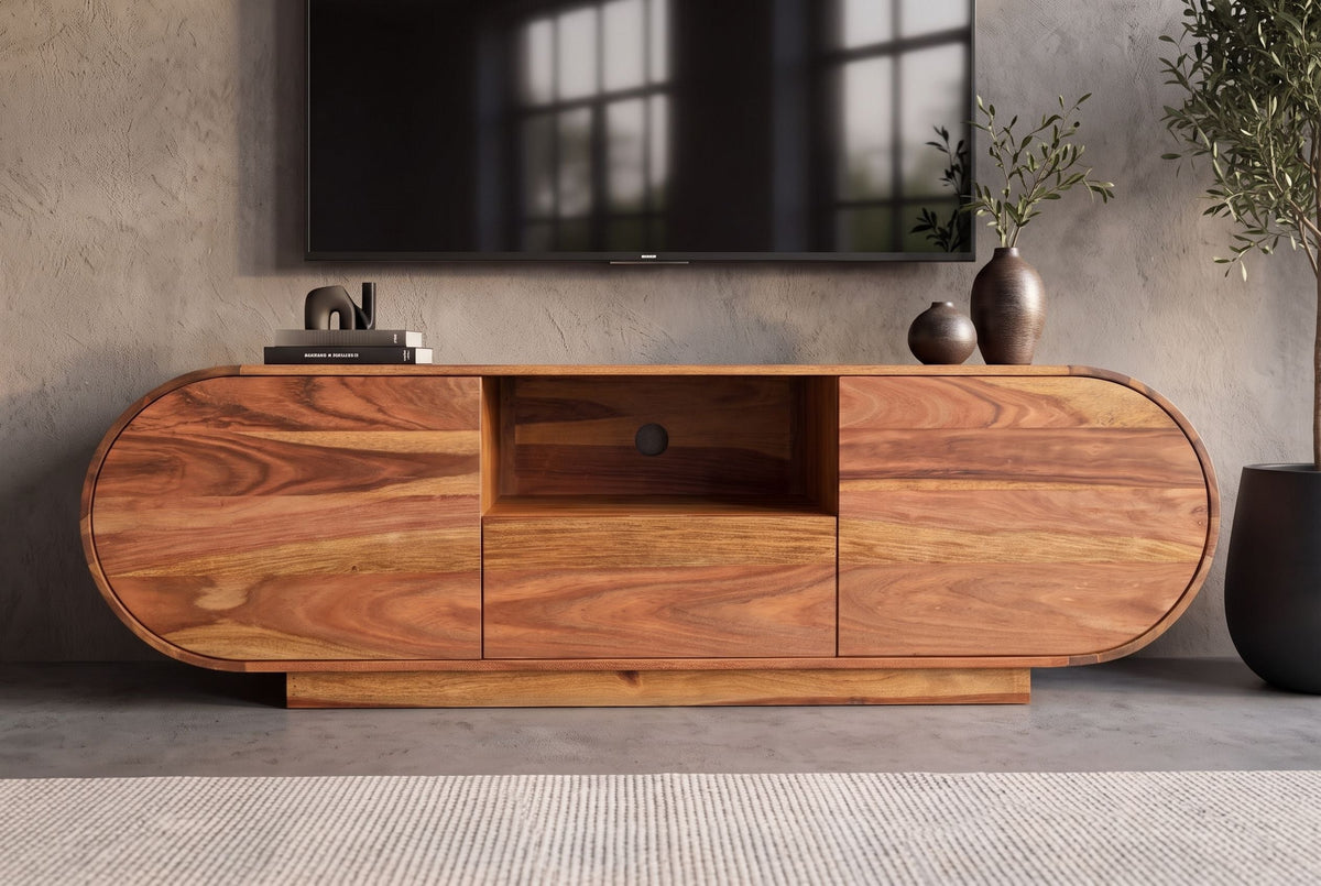 Meuble TV massif ORGANIKO 160cm bois de sheesham marron finition pierre meuble bas ovale