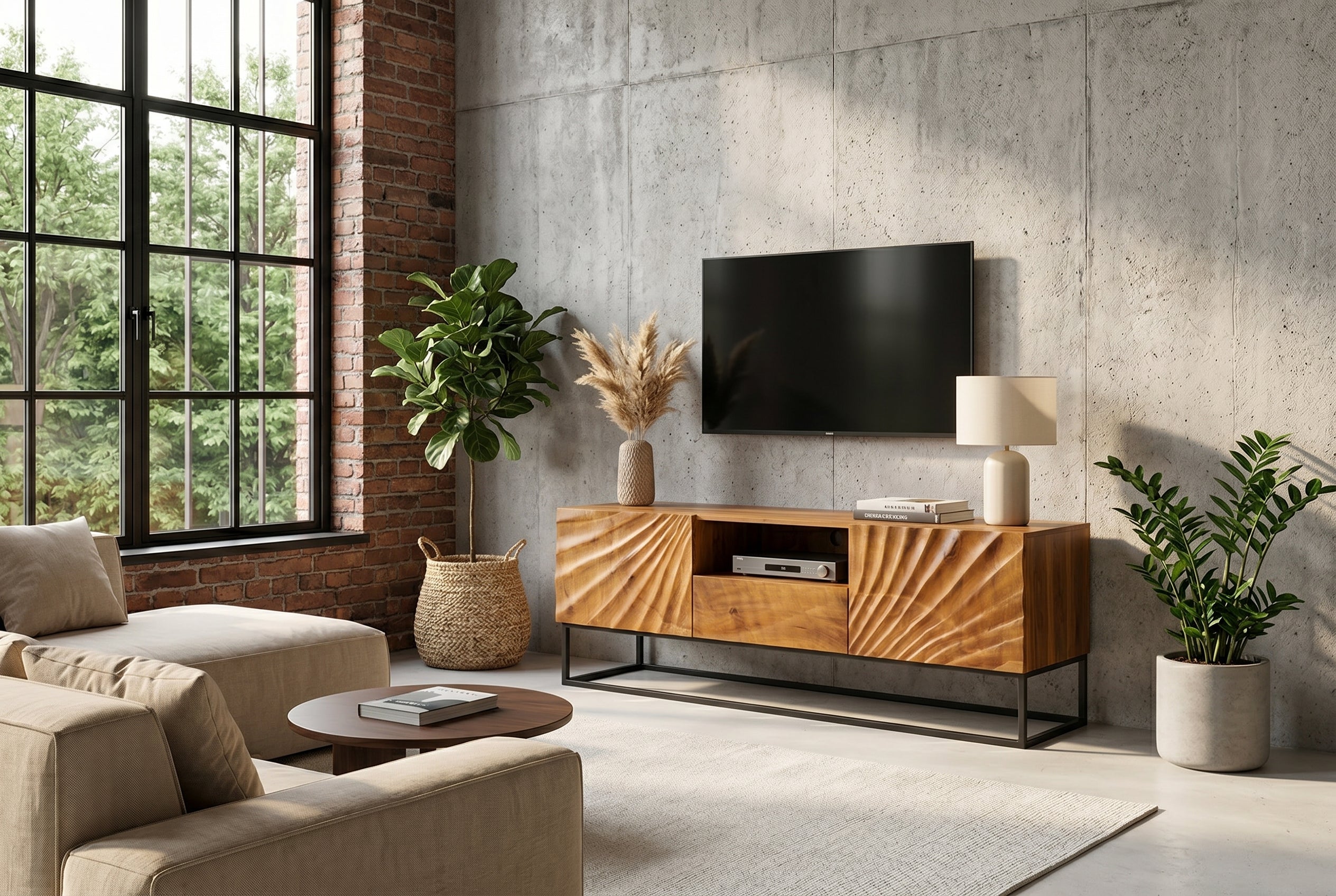 Meuble TV massif SCORPION 160 cm en bois de manguier avec sculptures 3D élaborées