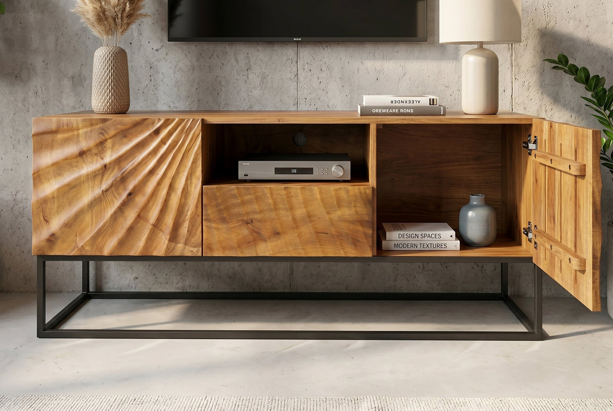 Meuble TV massif SCORPION 160 cm en bois de manguier avec sculptures 3D élaborées