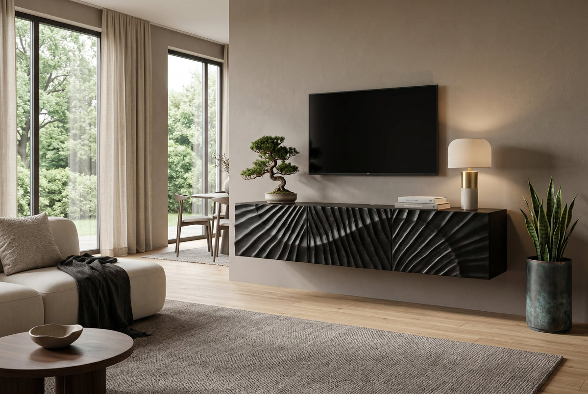Meuble TV massif SCORPION 160cm meuble bas suspendu en manguier noir