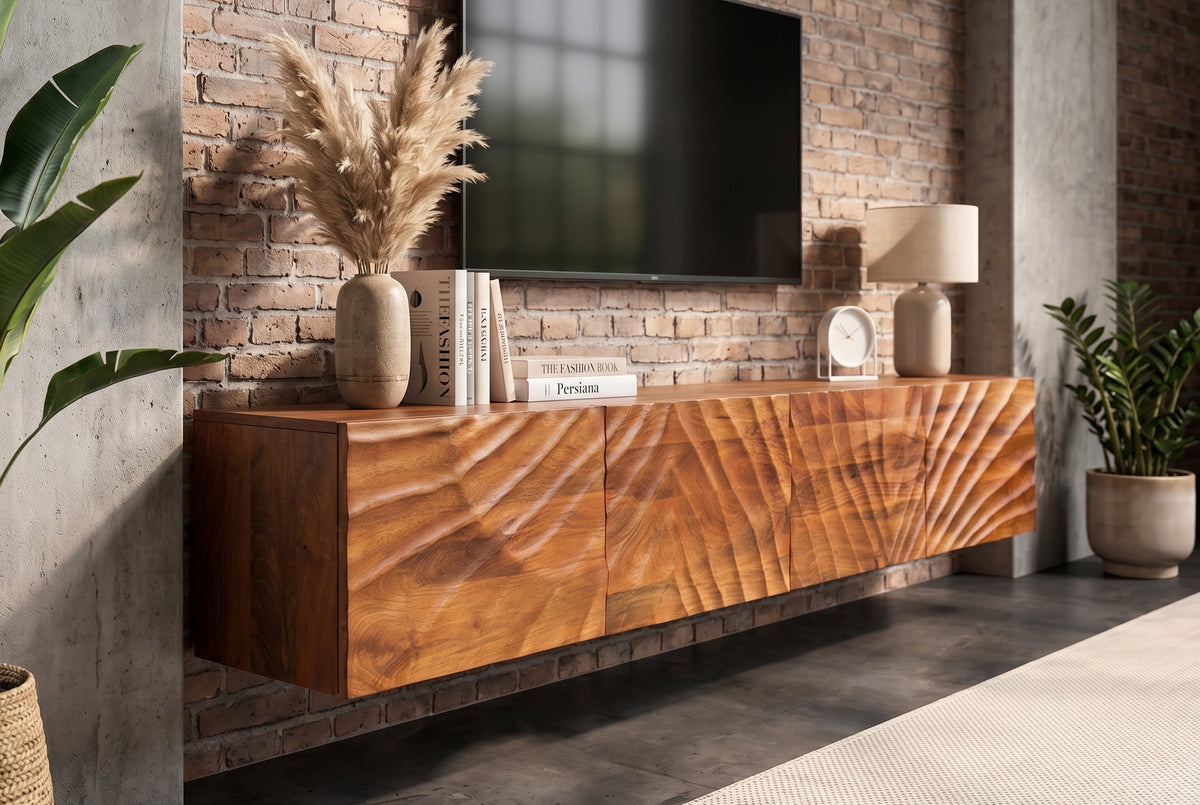 Meuble TV massif SCORPION 200cm meuble bas suspendu en manguier marron