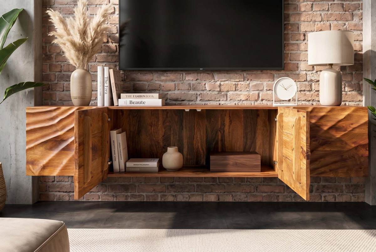 Meuble TV massif SCORPION 200cm meuble bas suspendu en manguier marron