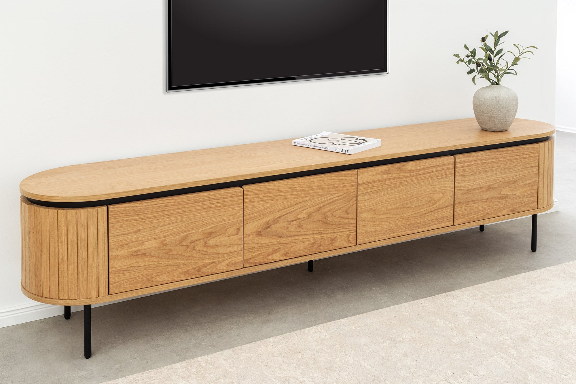 Meuble TV moderne ATELIER 200cm chêne naturel meuble bas en métal noir