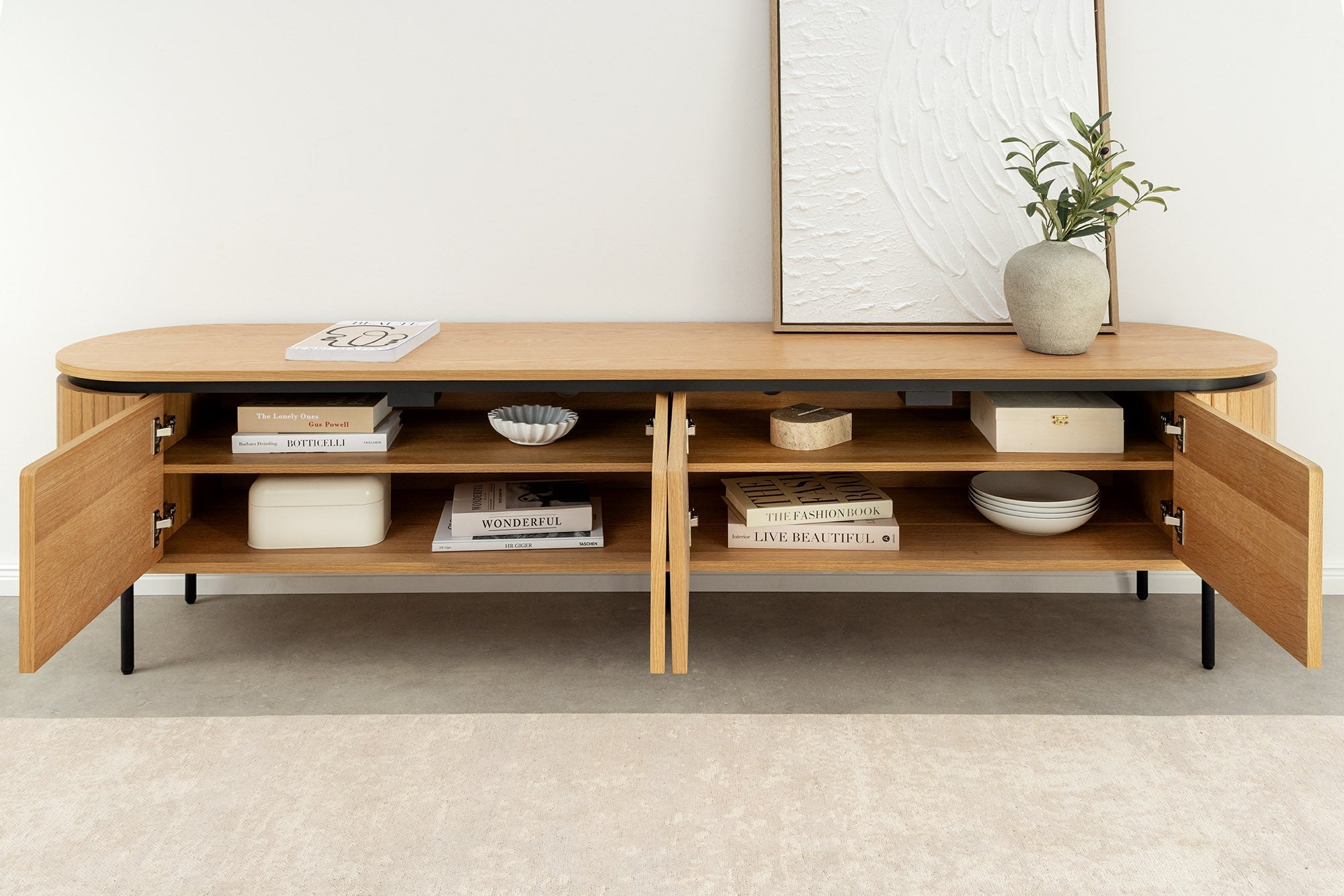 Meuble TV moderne ATELIER 200cm chêne naturel meuble bas en métal noir