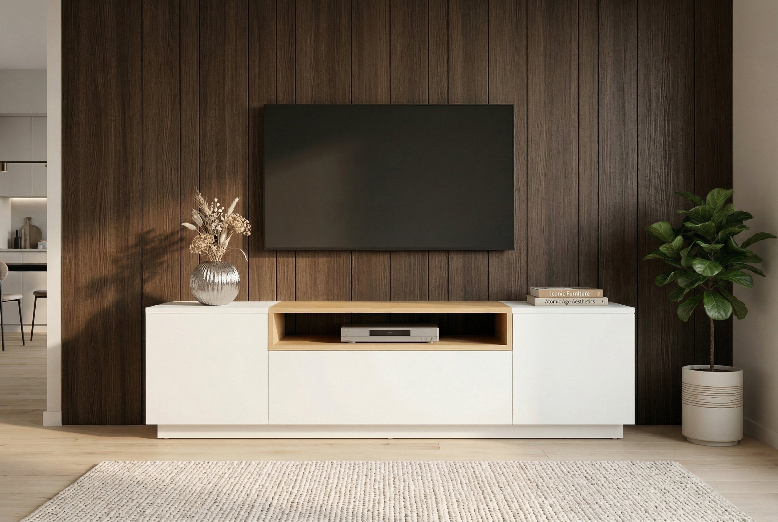 Meuble TV moderne LOFT 160cm blanc naturel trois compartiments avec tiroir