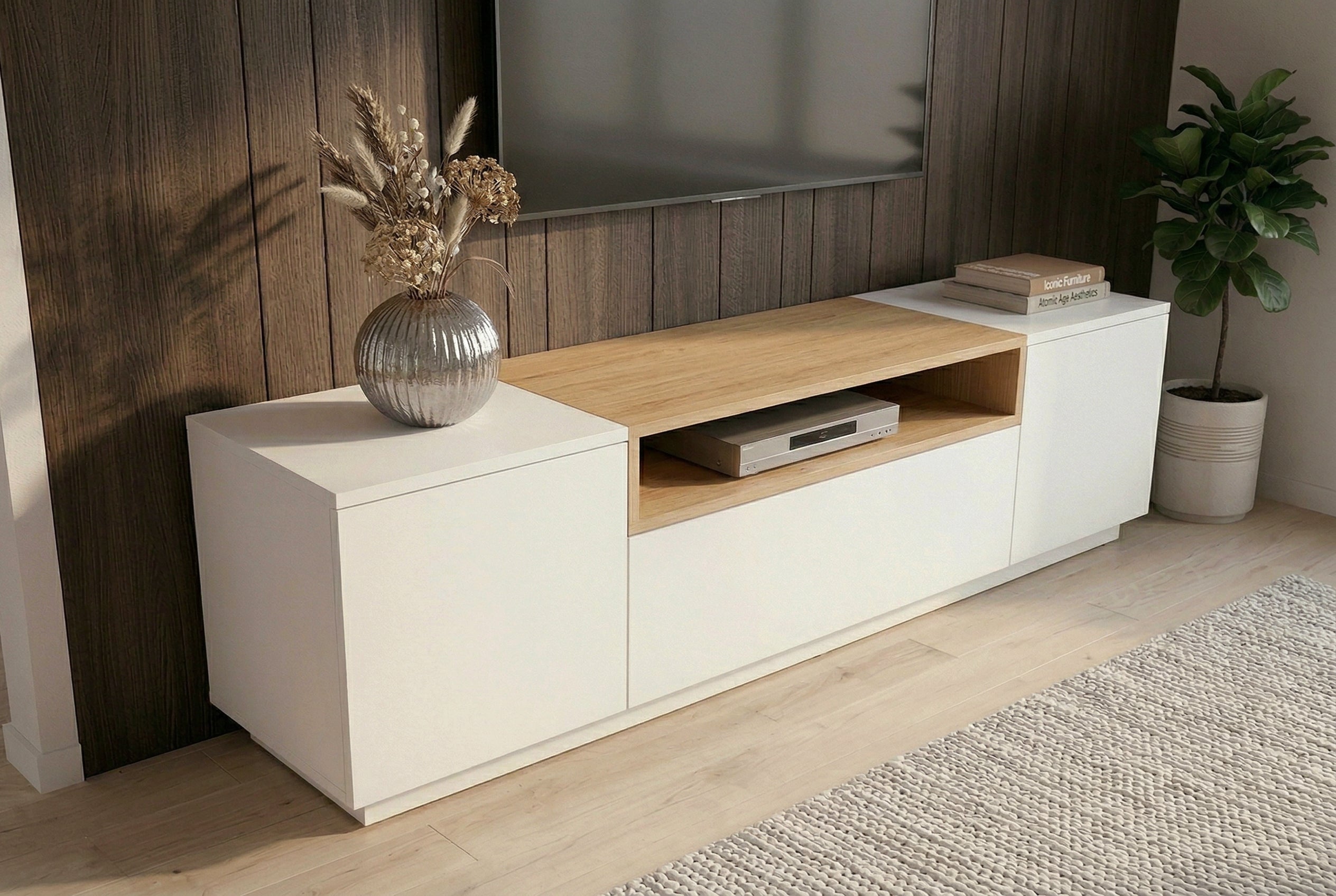 Meuble TV moderne LOFT 160cm blanc naturel trois compartiments avec tiroir