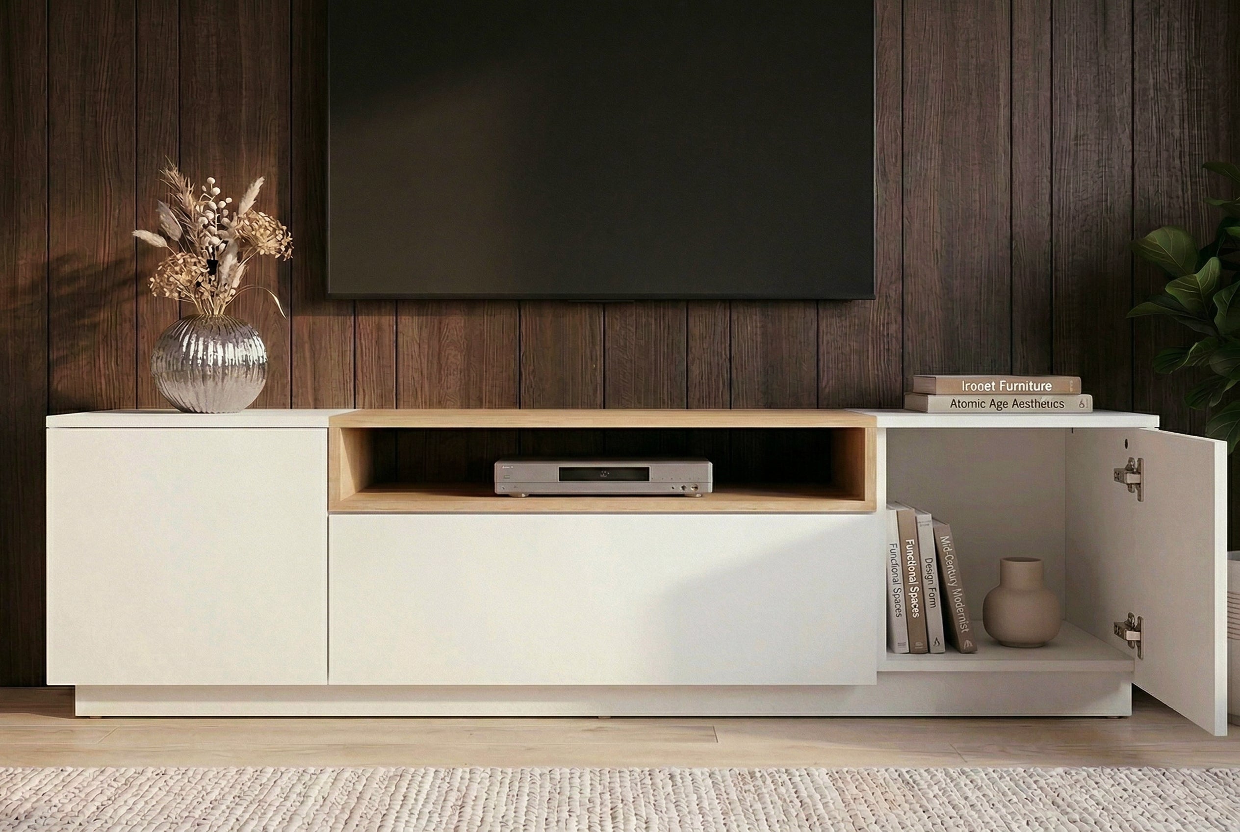Meuble TV moderne LOFT 160cm blanc naturel trois compartiments avec tiroir