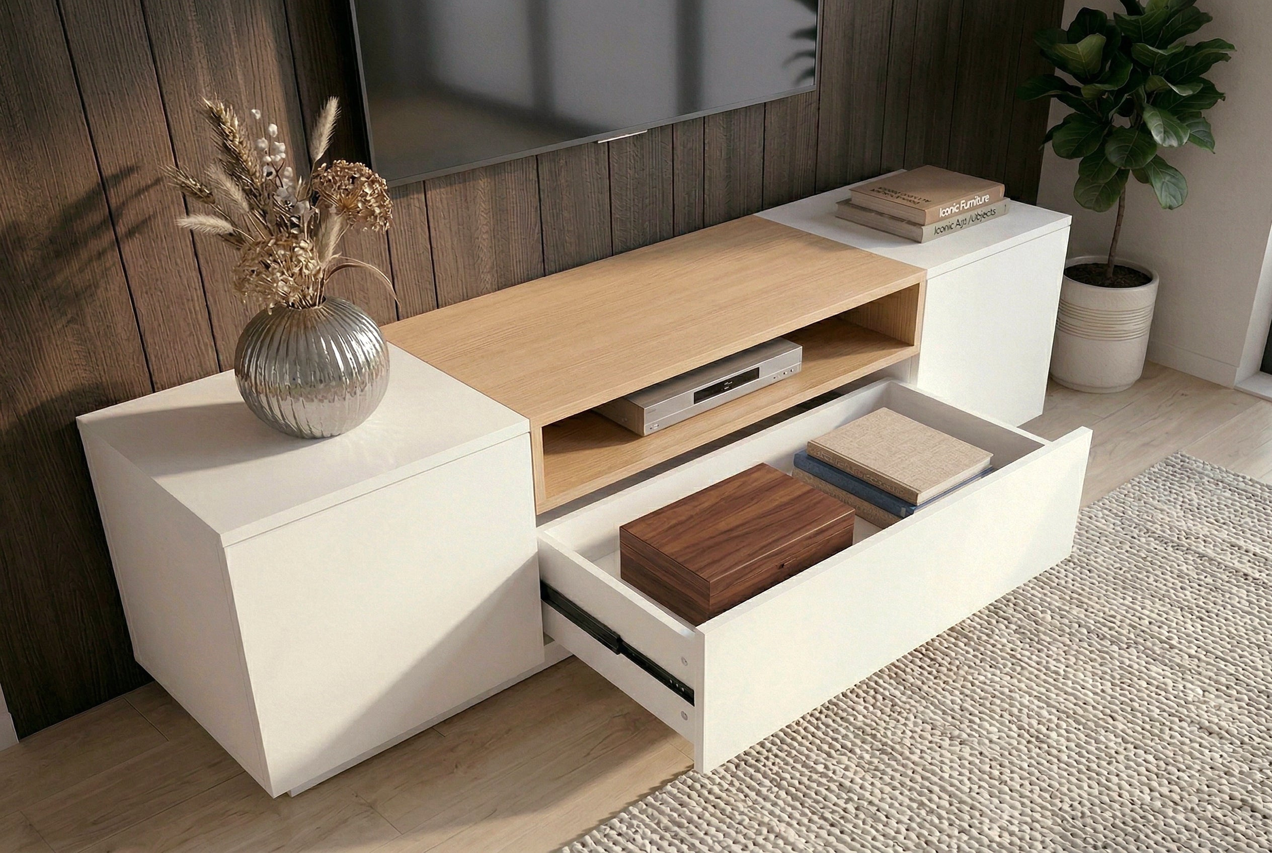 Meuble TV moderne LOFT 160cm blanc naturel trois compartiments avec tiroir