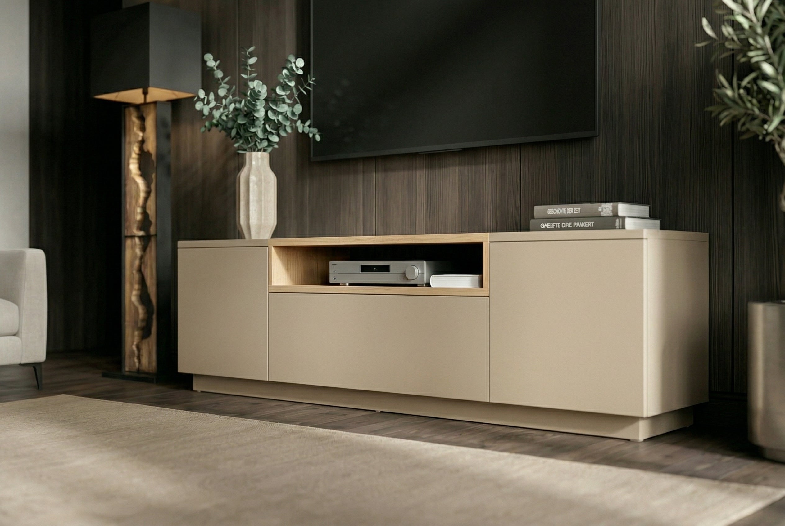 Meuble TV moderne LOFT 160cm gris naturel beige grège trois compartiments tiroir