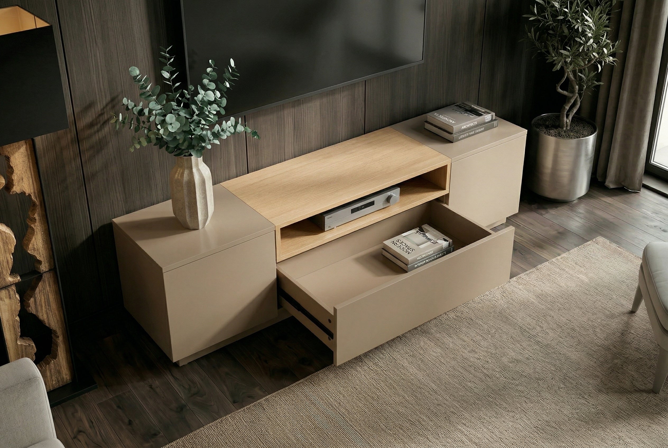 Meuble TV moderne LOFT 160cm gris naturel beige grège trois compartiments tiroir