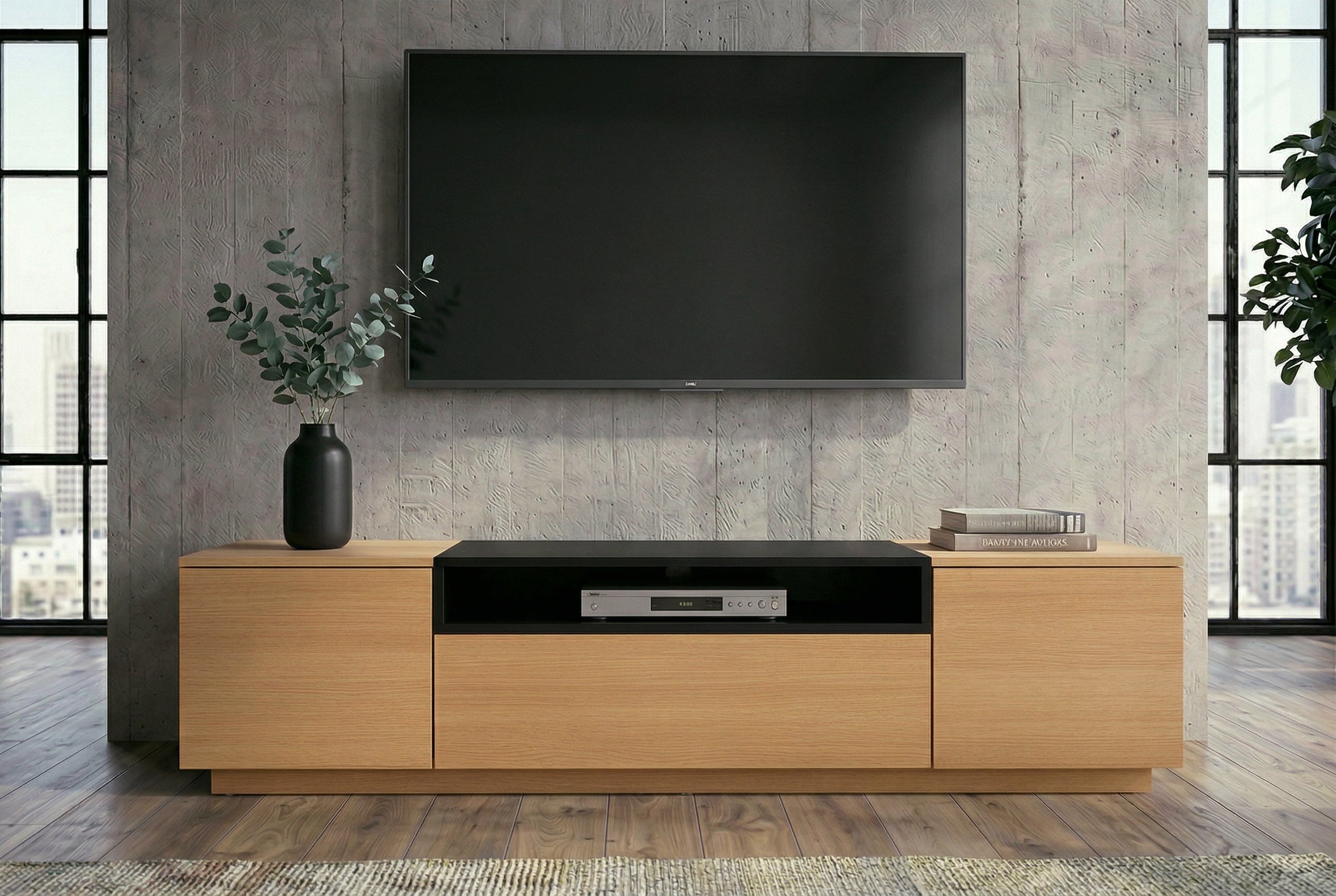 Meuble TV moderne LOFT 160cm noir naturel trois compartiments avec tiroir